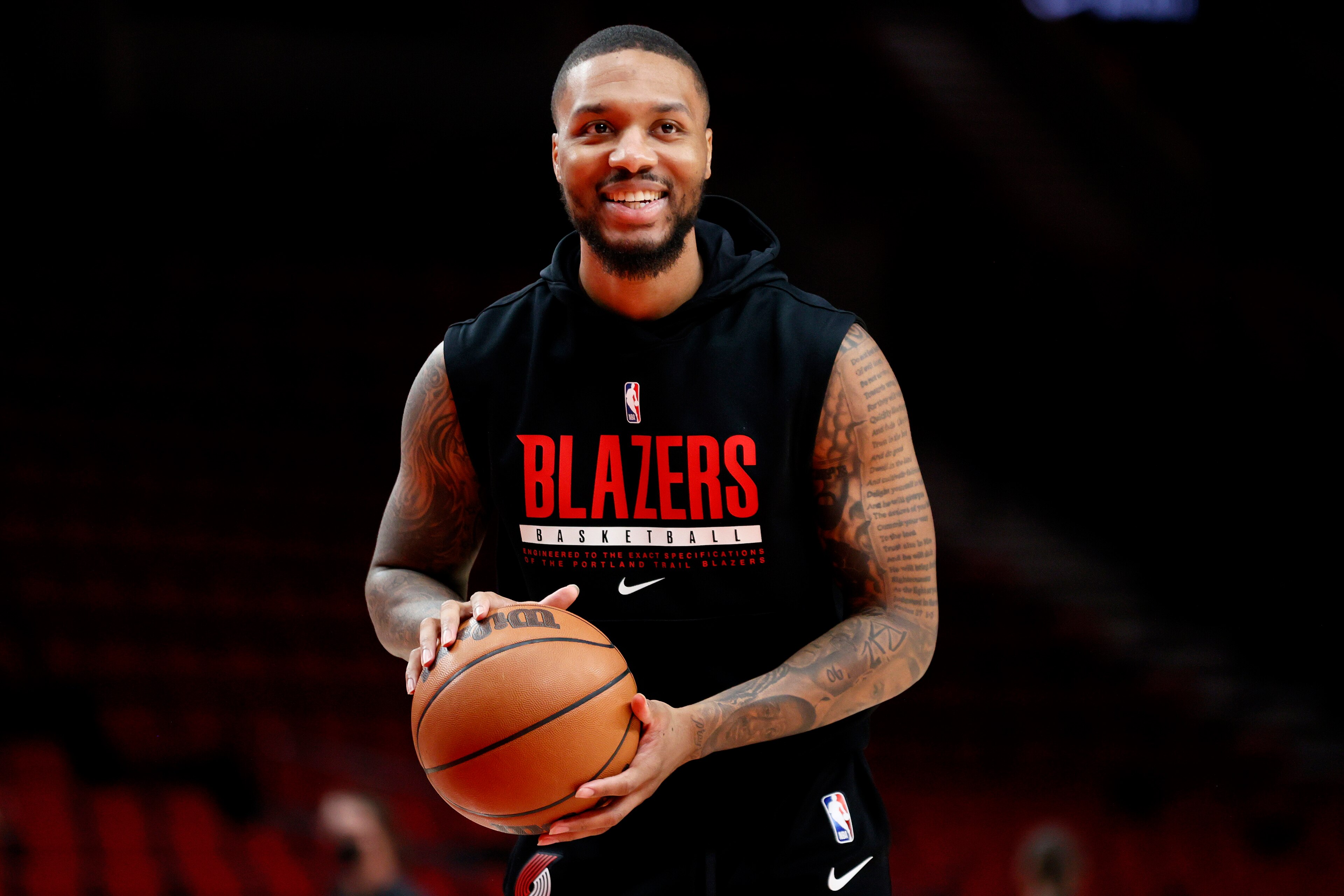 PORTLAND, OREGON - FEBRUARY 08: Damian Lillard #0 of the Portland Trail Blazers warms up before the game against the Orlando Magic at Moda Center on February 08, 2022 in Portland, Oregon. NOTE TO USER: User expressly acknowledges and agrees that, by downloading and/or using this photograph, User is consenting to the terms and conditions of the Getty Images License Agreement. (Photo by Steph Chambers/Getty Images) (Photo by Steph Chambers/Getty Images)
