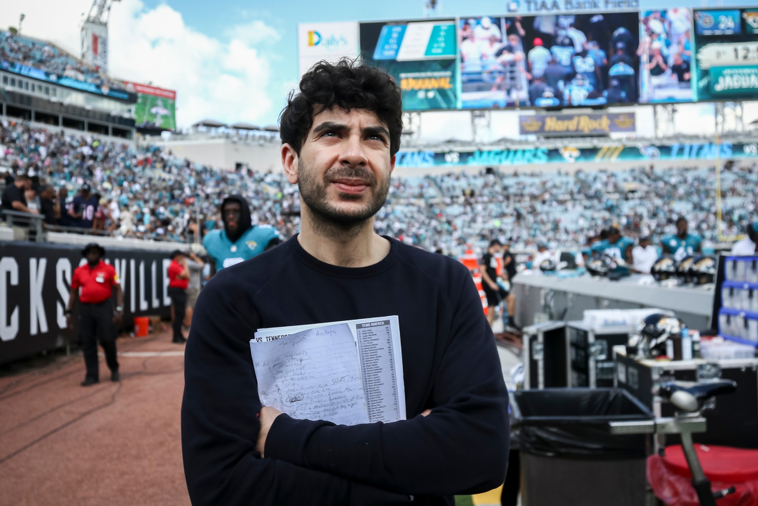 Tony Khan, founder, co-owner, president, and CEO of the All Elite Wrestling attends an NFL football game between the Jacksonville Jaguars and the Tennessee Titans, Sunday, Oct. 10, 2021, in Jacksonville, Fla. (AP Photo/Stephen B. Morton) Tony Khan, founder, co-owner, president, and CEO of the All Elite Wrestling attends an NFL football game between the Jacksonville Jaguars and the Tennessee Titans, Sunday, Oct. 10, 2021, in Jacksonville, Fla. (AP Photo/Stephen B. Morton)
