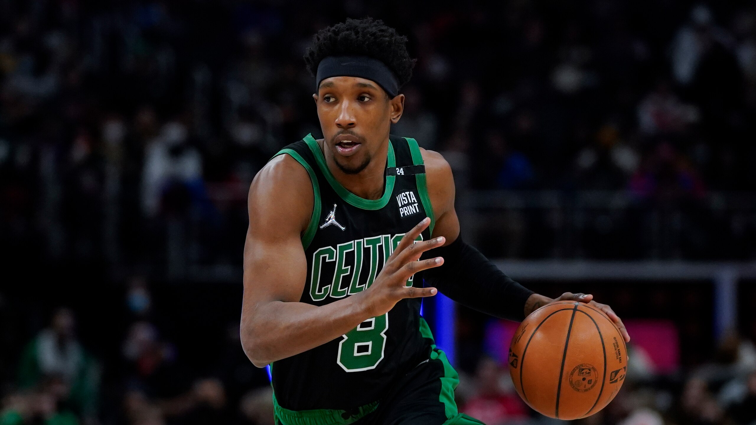 Boston Celtics guard Josh Richardson plays against the Detroit Pistons in the first half of an NBA basketball game in Detroit, Friday, Feb. 4, 2022. (AP Photo/Paul Sancya)