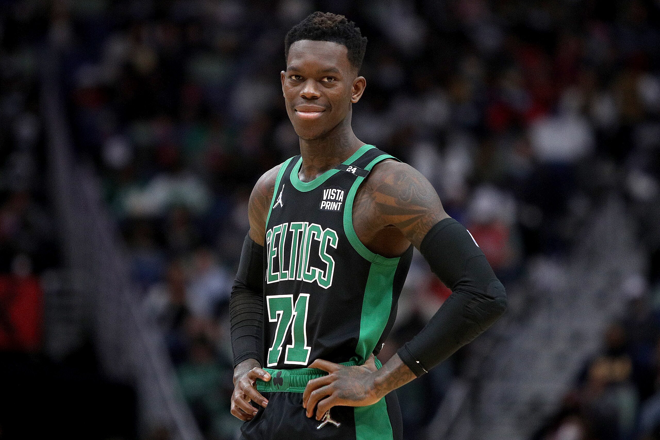 NEW ORLEANS, LOUISIANA - JANUARY 29: Dennis Schroder #71 of the Boston Celtics stands on the court during the third quarter of an NBA game against the New Orleans Pelicans at Smoothie King Center on January 29, 2022 in New Orleans, Louisiana. NOTE TO USER: User expressly acknowledges and agrees that, by downloading and or using this photograph, User is consenting to the terms and conditions of the Getty Images License Agreement. (Photo by Sean Gardner/Getty Images) NEW ORLEANS, LOUISIANA - JANUARY 29: Dennis Schroder #71 of the Boston Celtics stands on the court during the third quarter of an NBA game against the New Orleans Pelicans at Smoothie King Center on January 29, 2022 in New Orleans, Louisiana. NOTE TO USER: User expressly acknowledges and agrees that, by downloading and or using this photograph, User is consenting to the terms and conditions of the Getty Images License Agreement. (Photo by Sean Gardner/Getty Images)
