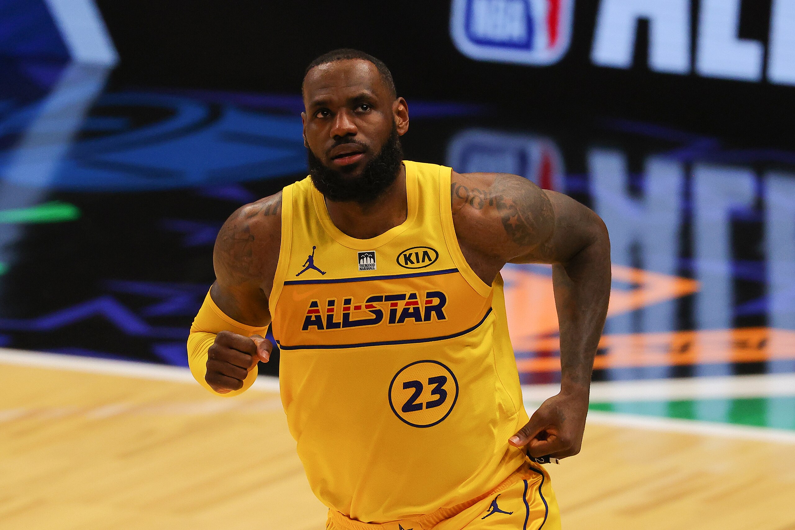 ATLANTA, GEORGIA - MARCH 07:  Lebron James #23 of Team LeBron reacts against Team Durant in the 70th NBA All-Star Game at State Farm Arena on March 07, 2021 in Atlanta, Georgia. (Photo by Kevin C. Cox/Getty Images)
