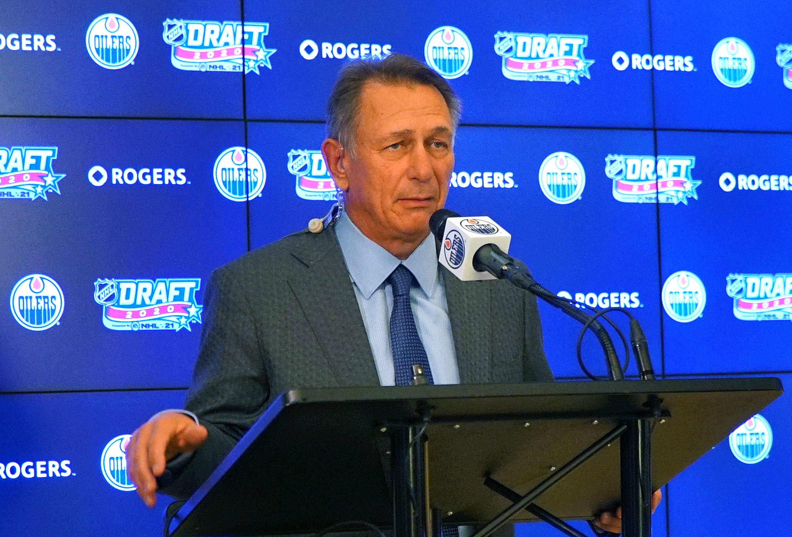 EDMONTON, AB - OCTOBER 06: President of Hockey Operations and General Manager Ken Holland of the Edmonton Oilers speaks at the podium during the first round of the 2020 NHL Entry Draft at Rogers Place on October 06, 2020 in Edmonton, Alberta, Canada. The 2020 NHL Draft was held virtually due to the ongoing Coronavirus pandemic. (Photo by Michael Bobroff/NHLI via Getty Images)