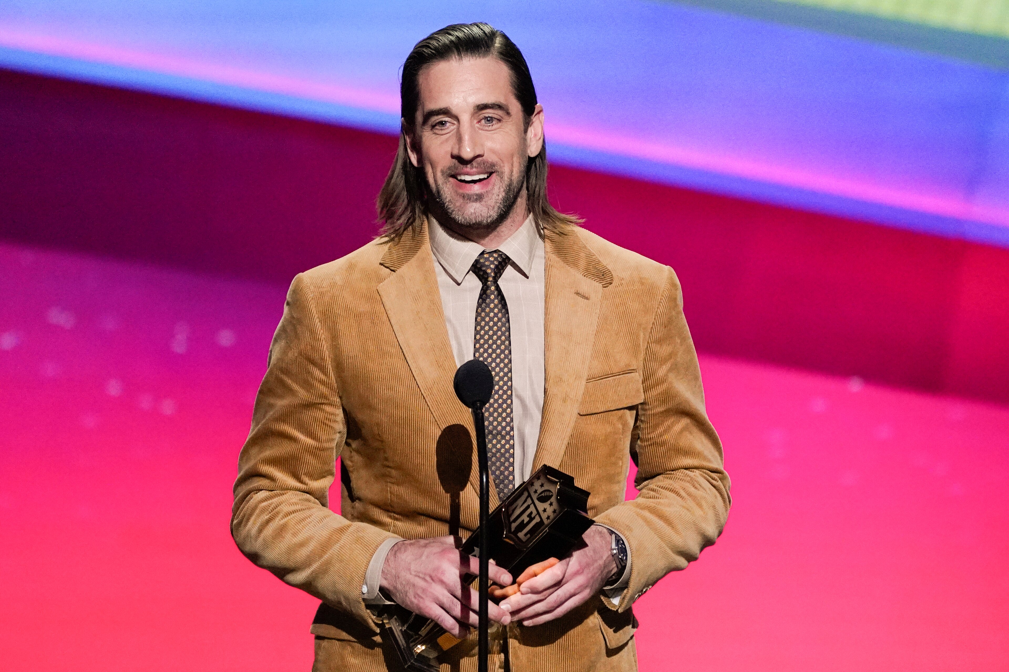 Aaron Rodgers of the Green Bay Packers receives the AP Most Valuable Player of the Year Award at the NFL Honors show Thursday, Feb. 10, 2022, in Inglewood, Calif. (AP Photo/Mark J. Terrill)