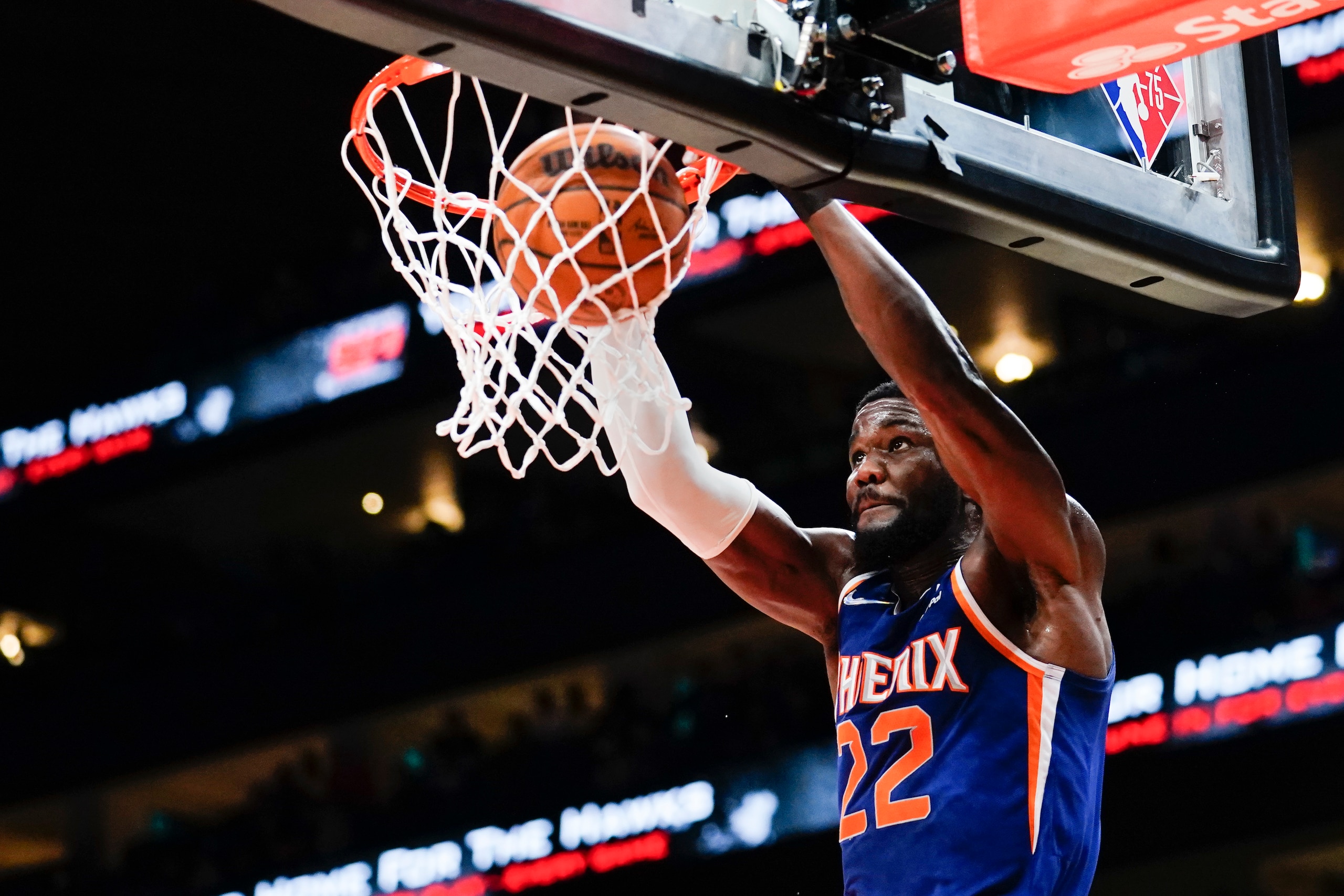 Phoenix Suns center Deandre Ayton dunks during the first half of the tealm's NBA basketball game against the Atlanta Hawks on Thursday, Feb. 3, 2022, in Atlanta. (AP Photo/John Bazemore)