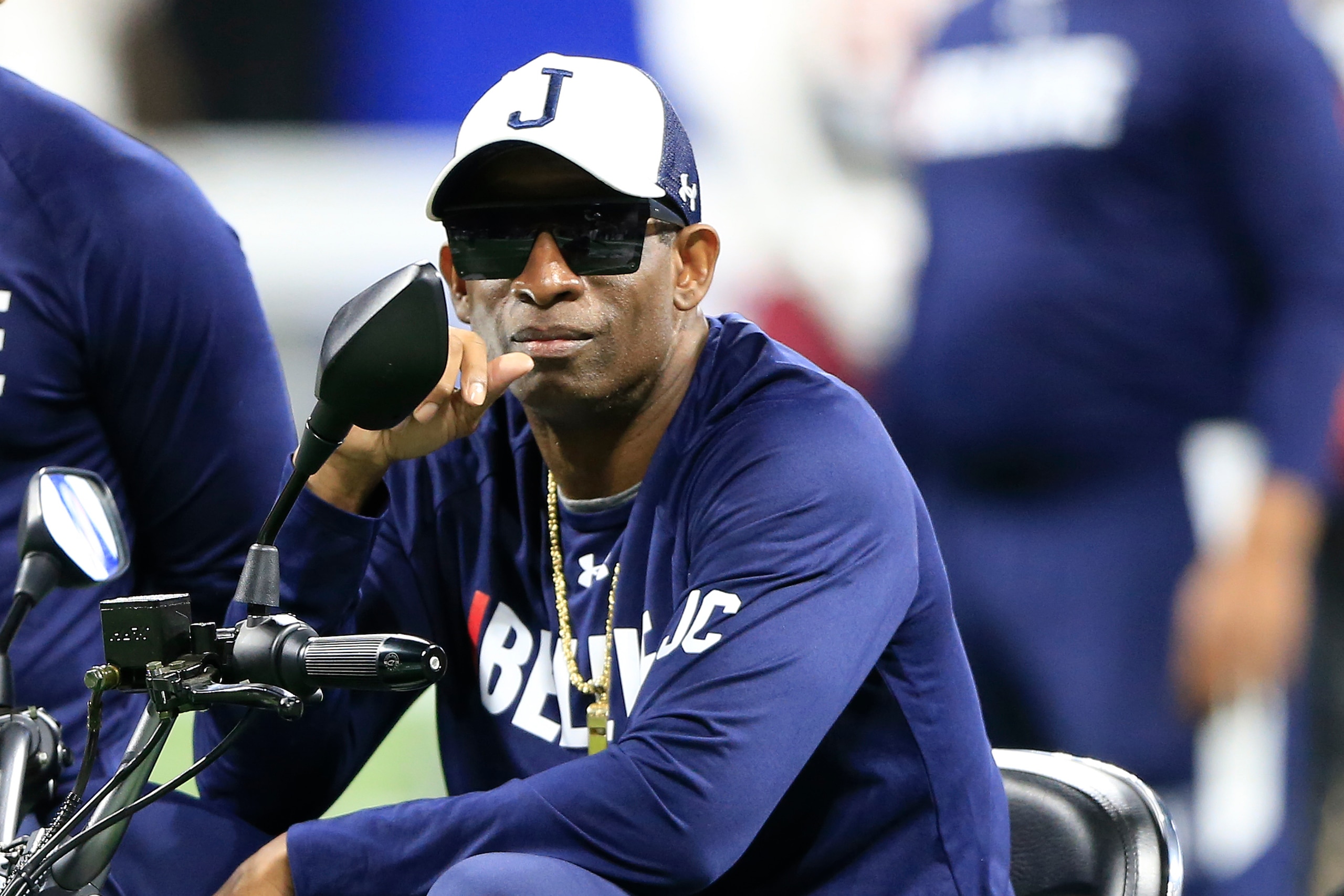 ATLANTA, GA - DECEMBER 18:  Head coach Deion Sanders of the Jackson State Tigers during warmups prior to the college football Cricket Celebration Bowl game between the South Carolina State Bulldogs and the Jackson State Tigers on December 18, 2021 at the Mercedes-Benz Stadium in Atlanta, Georgia.   (Photo by David J. Griffin/Icon Sportswire via Getty Images)