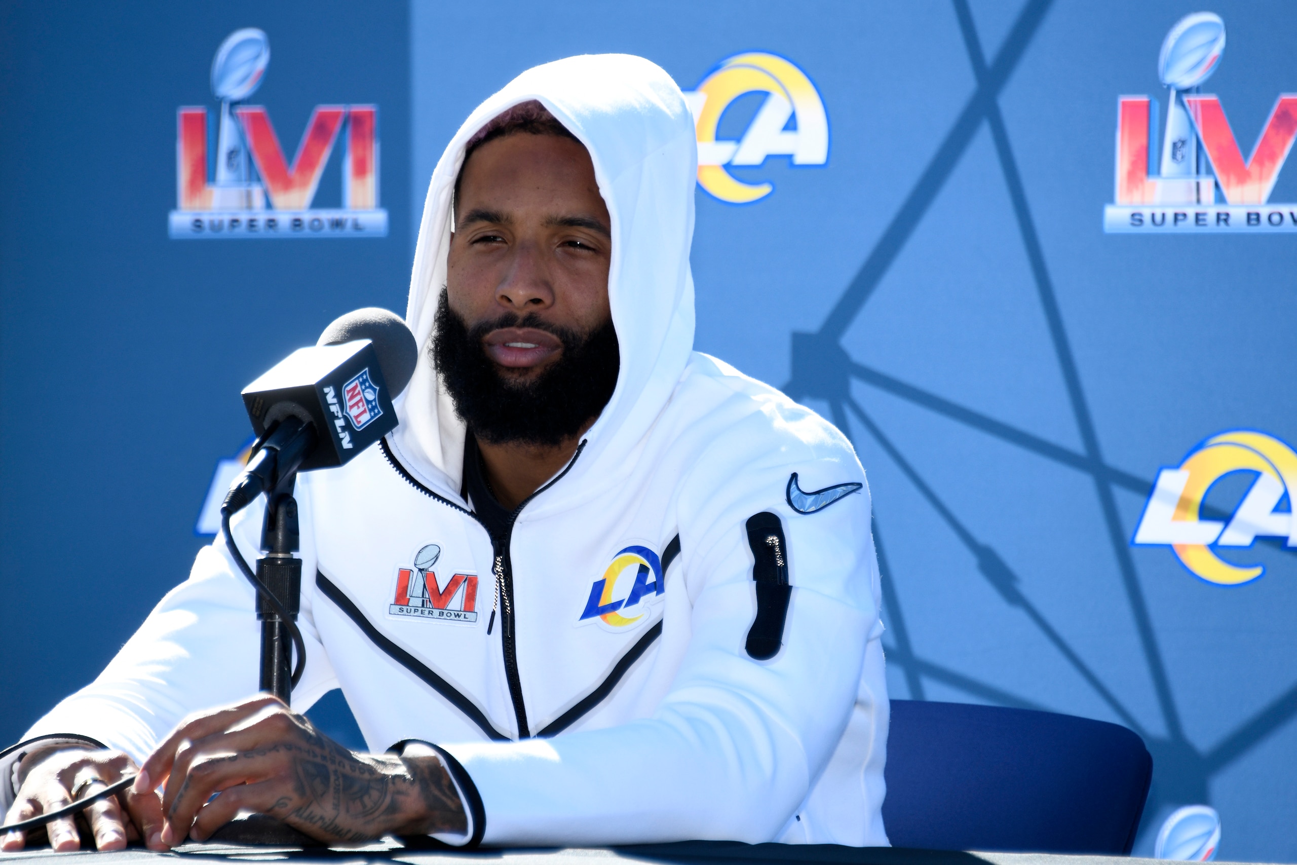 THOUSAND OAKS, CALIFORNIA - FEBRUARY 11: Odell Beckham Jr. #3 of the Los Angeles Rams speaks to the media during a practice for Super Bowl LVI at at California Lutheran University on February 11, 2022 in Thousand Oaks, California. (Photo by Kevork Djansezian/Getty Images)