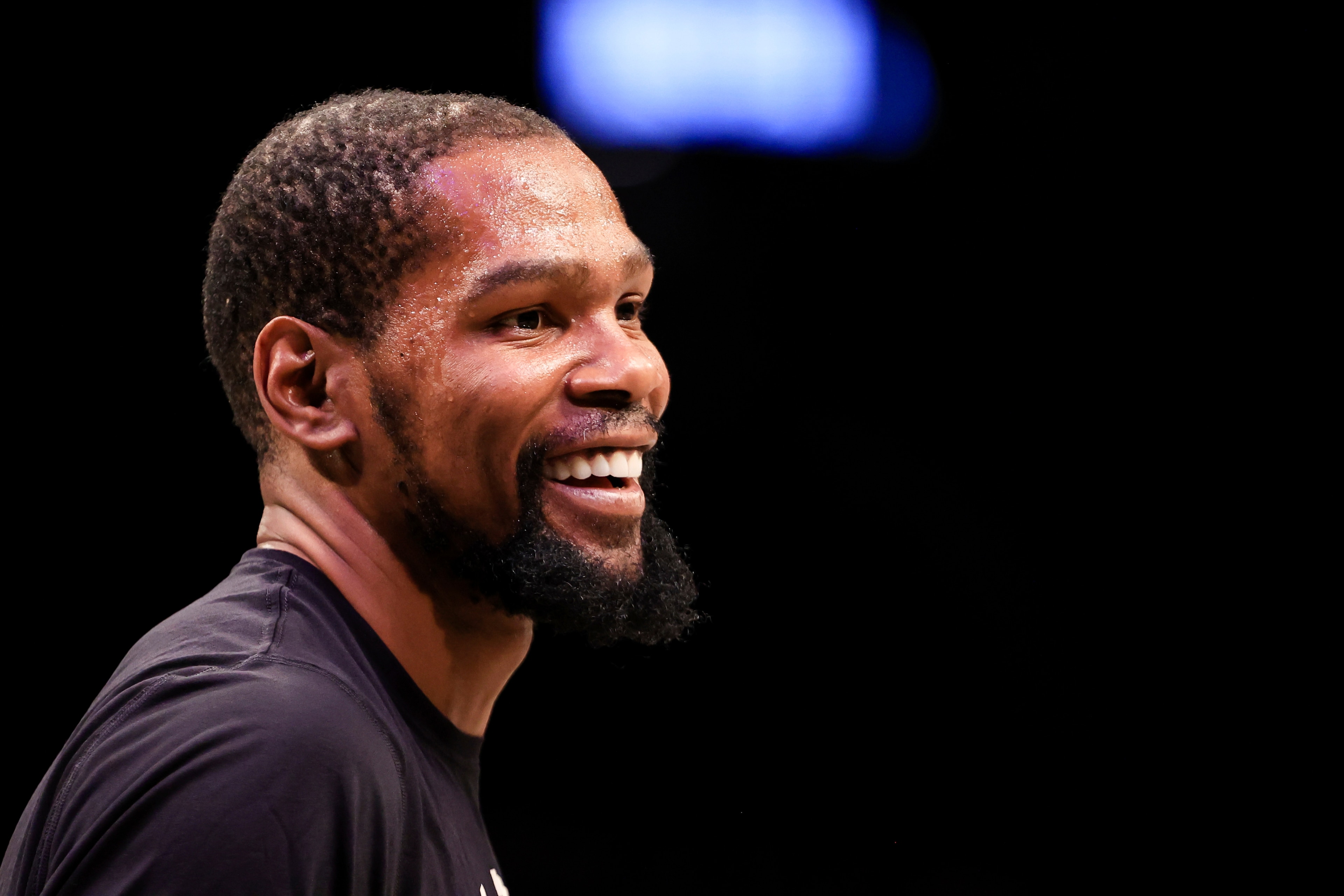 Brooklyn Nets forward Kevin Durant (7) smiles during warmups before an NBA basketball game against the Oklahoma City Thunder, Thursday, Jan. 13, 2022, in New York. (AP Photo/Jessie Alcheh) Brooklyn Nets forward Kevin Durant (7) smiles during warmups before an NBA basketball game against the Oklahoma City Thunder, Thursday, Jan. 13, 2022, in New York. (AP Photo/Jessie Alcheh)