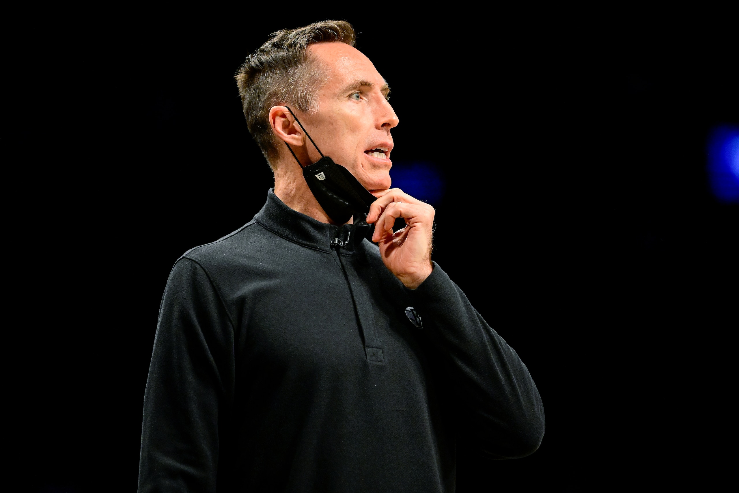 NEW YORK, NEW YORK - FEBRUARY 08:  Head coach Steve Nash of the Brooklyn Nets speaks to his team during the game against the Boston Celtics at Barclays Center on February 08, 2022 in New York City. NOTE TO USER: User expressly acknowledges and agrees that, by downloading and or using this photograph, User is consenting to the terms and conditions of the Getty Images License Agreement. (Photo by Steven Ryan/Getty Images)