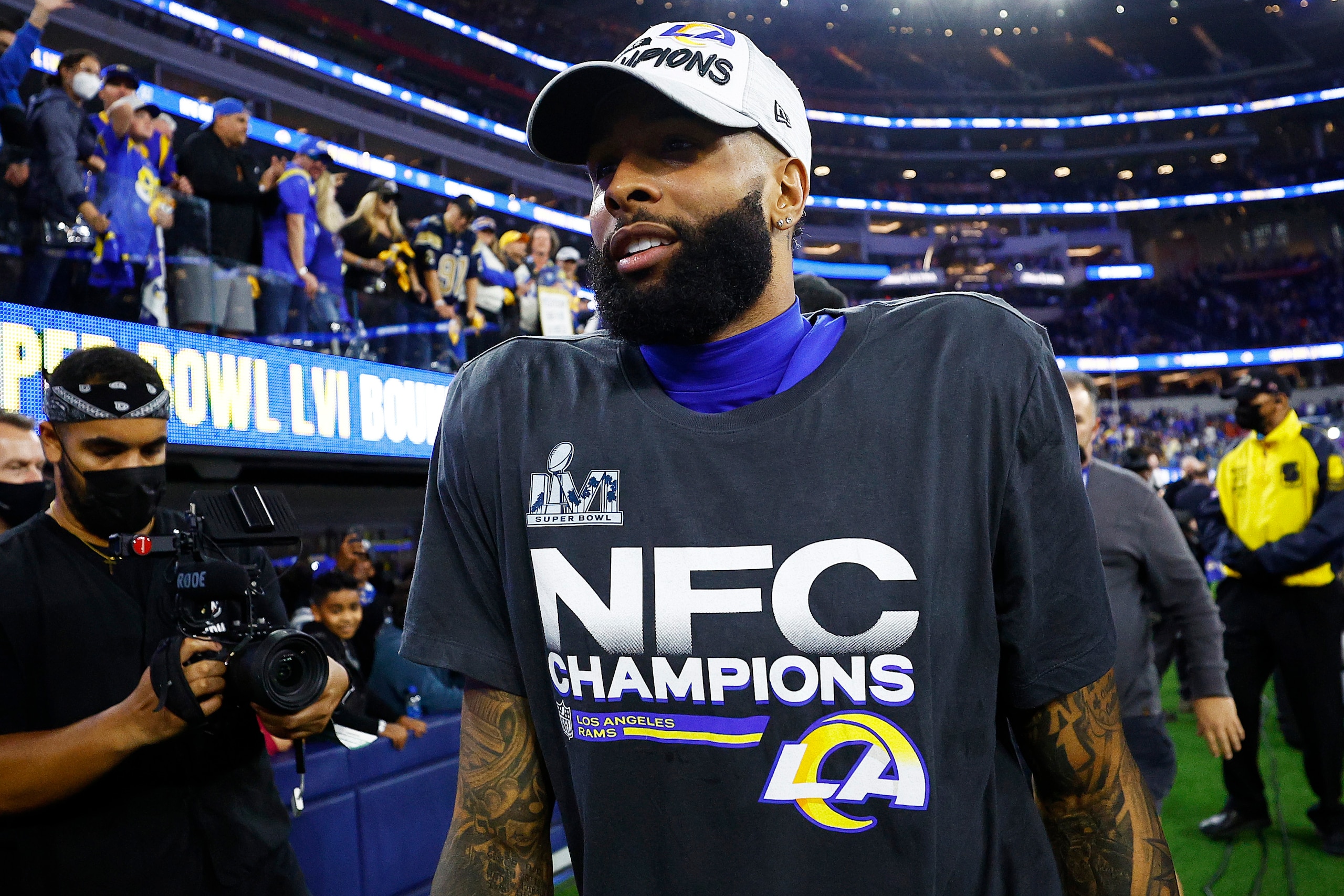 INGLEWOOD, CALIFORNIA - JANUARY 30: Odell Beckham Jr. #3 of the Los Angeles Rams reacts after defeating the San Francisco 49ers in the NFC Championship Game at SoFi Stadium on January 30, 2022 in Inglewood, California. The Rams defeated the 49ers 20-17. (Photo by Ronald Martinez/Getty Images)