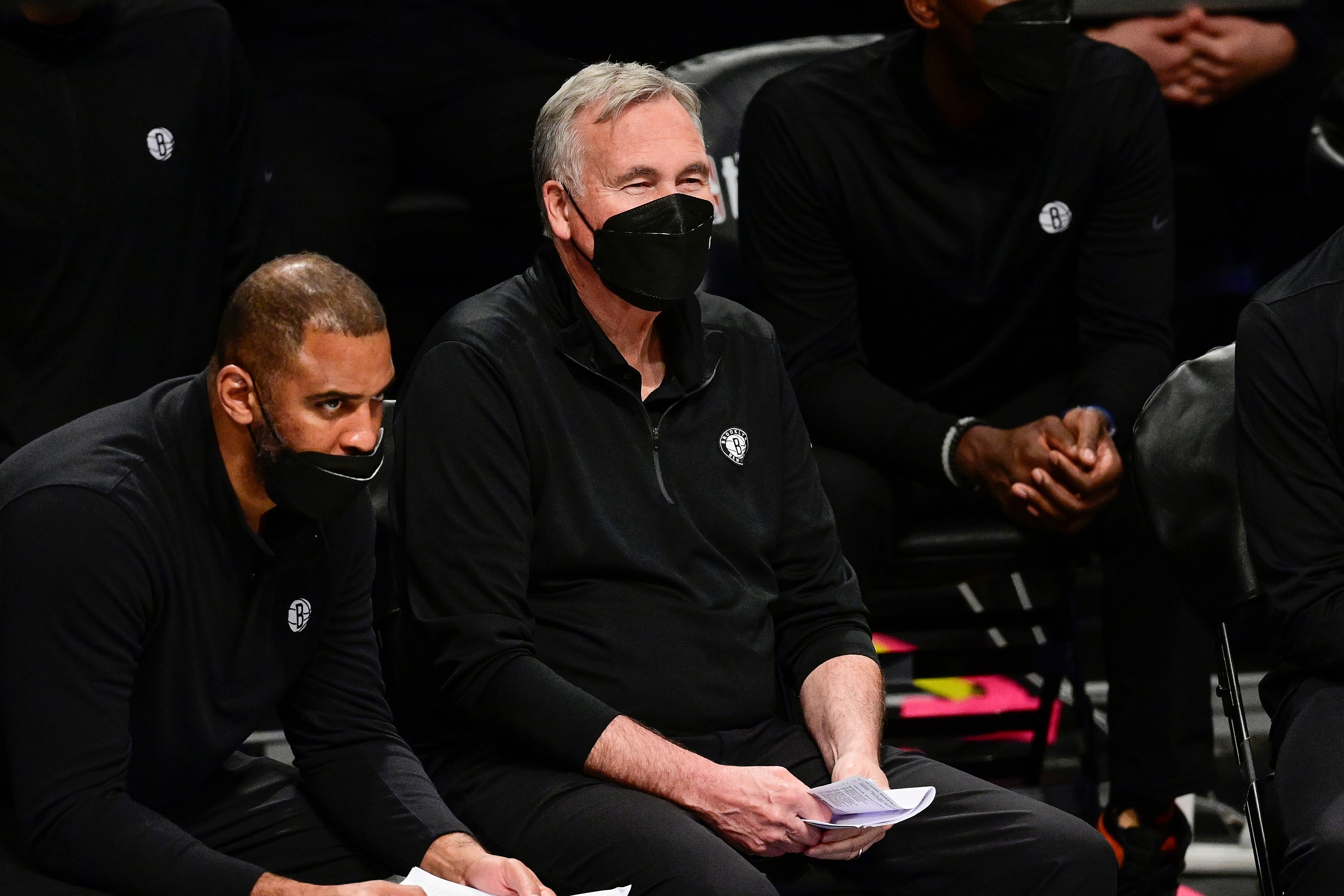 NEW YORK, NEW YORK - MAY 25:  Assistant coach Mike D’Antoni
of the Brooklyn Nets looks on against the Boston Celtics in Game Two of the First Round of the 2021 NBA Playoffs at Barclays Center on May 25, 2021 in New York City. NOTE TO USER: User expressly acknowledges and agrees that, by downloading and or using this photograph, User is consenting to the terms and conditions of the Getty Images License Agreement. (Photo by Steven Ryan/Getty Images)
