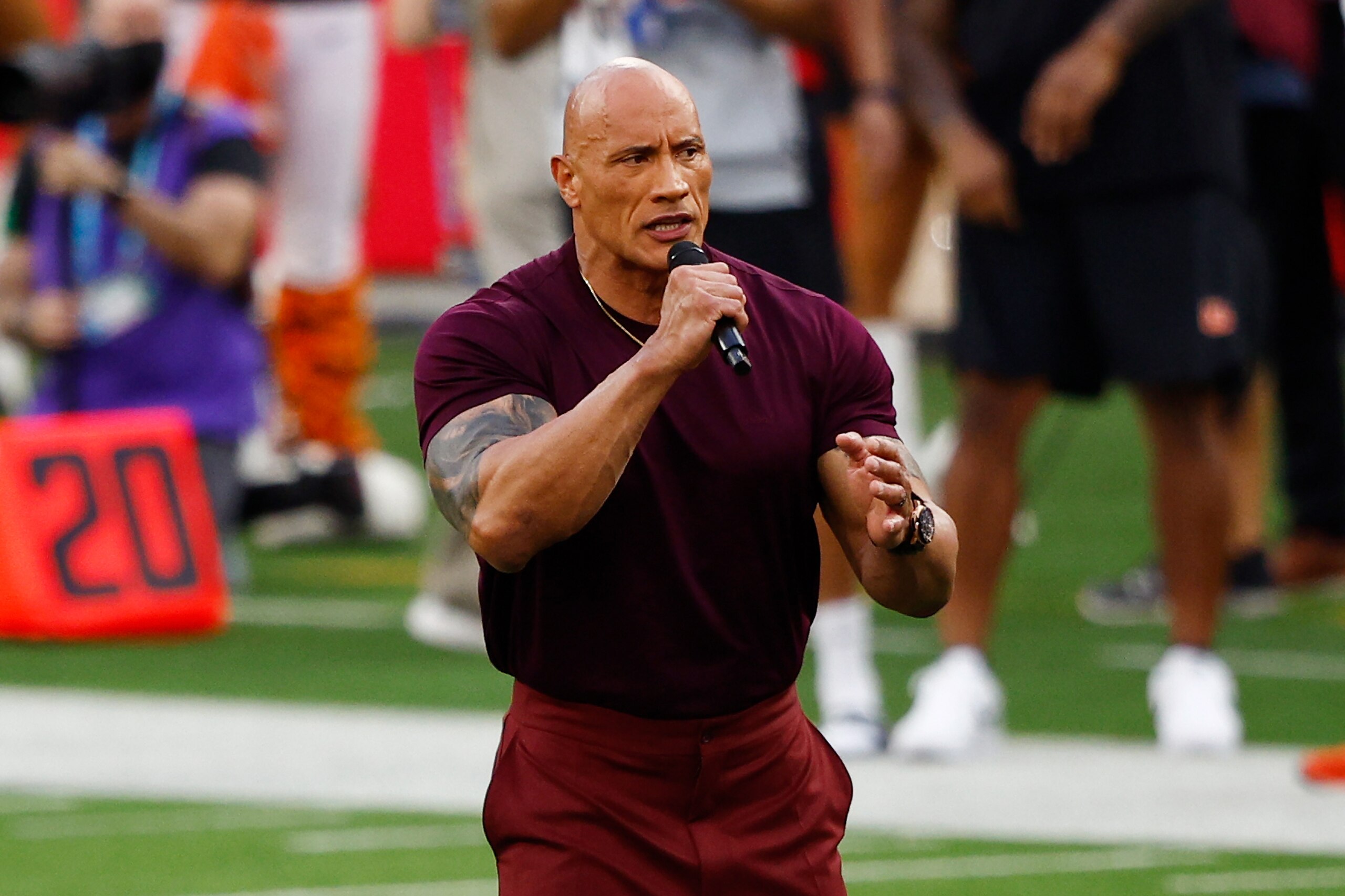 INGLEWOOD, CALIFORNIA - FEBRUARY 13: Entertainer Dwayne "The Rock" Johnson attends the Super Bowl LVI between the Los Angeles Rams and the Cincinnati Bengals at SoFi Stadium on February 13, 2022 in Inglewood, California. (Photo by Ronald Martinez/Getty Images)