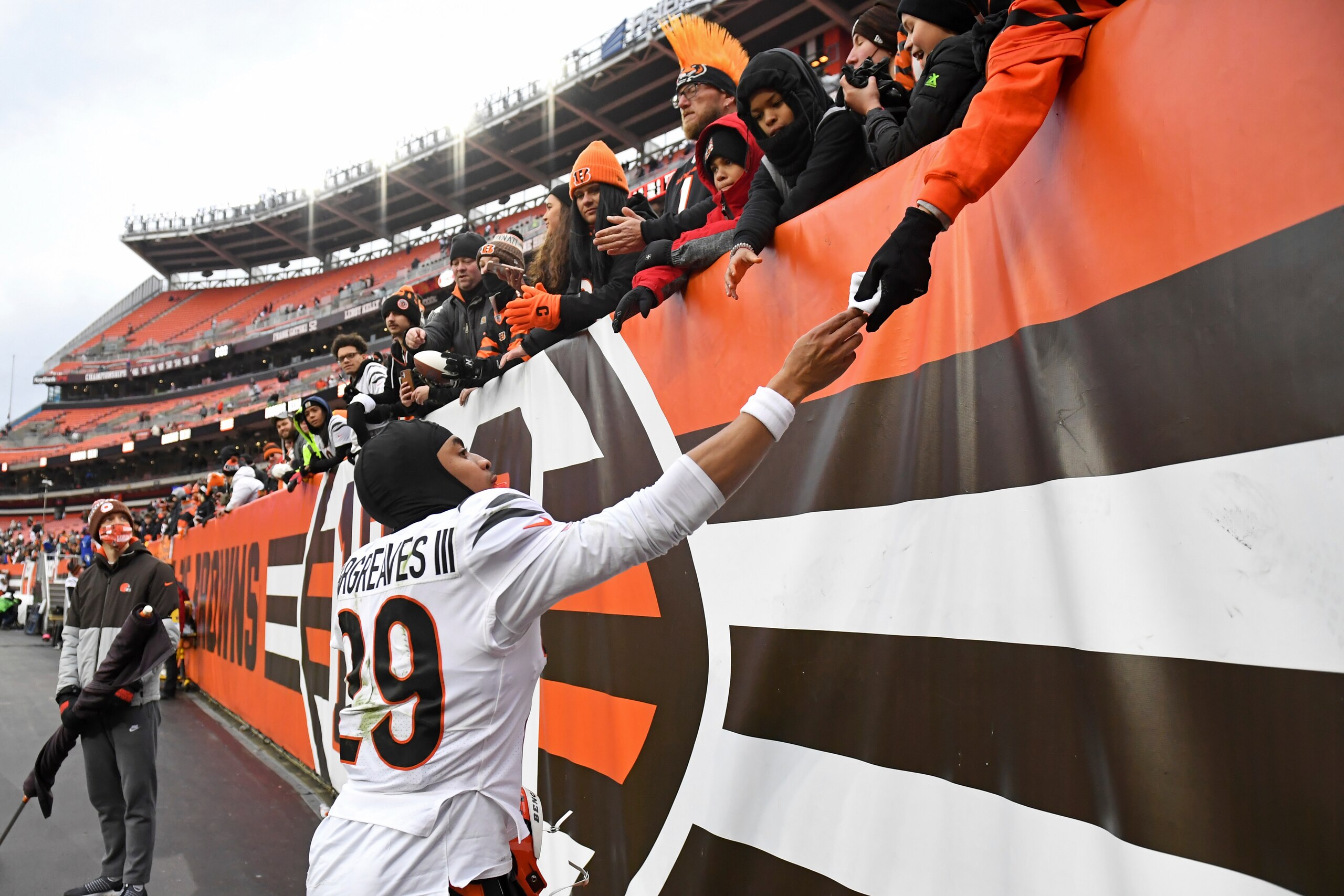 Cincinnati Bengals cornerback Vernon Hargreaves III (29) engages fans after the Browns defeated the Bengals 21-16 in an NFL football game, Sunday, Jan. 9, 2022, in Cleveland. (AP Photo/Nick Cammett)