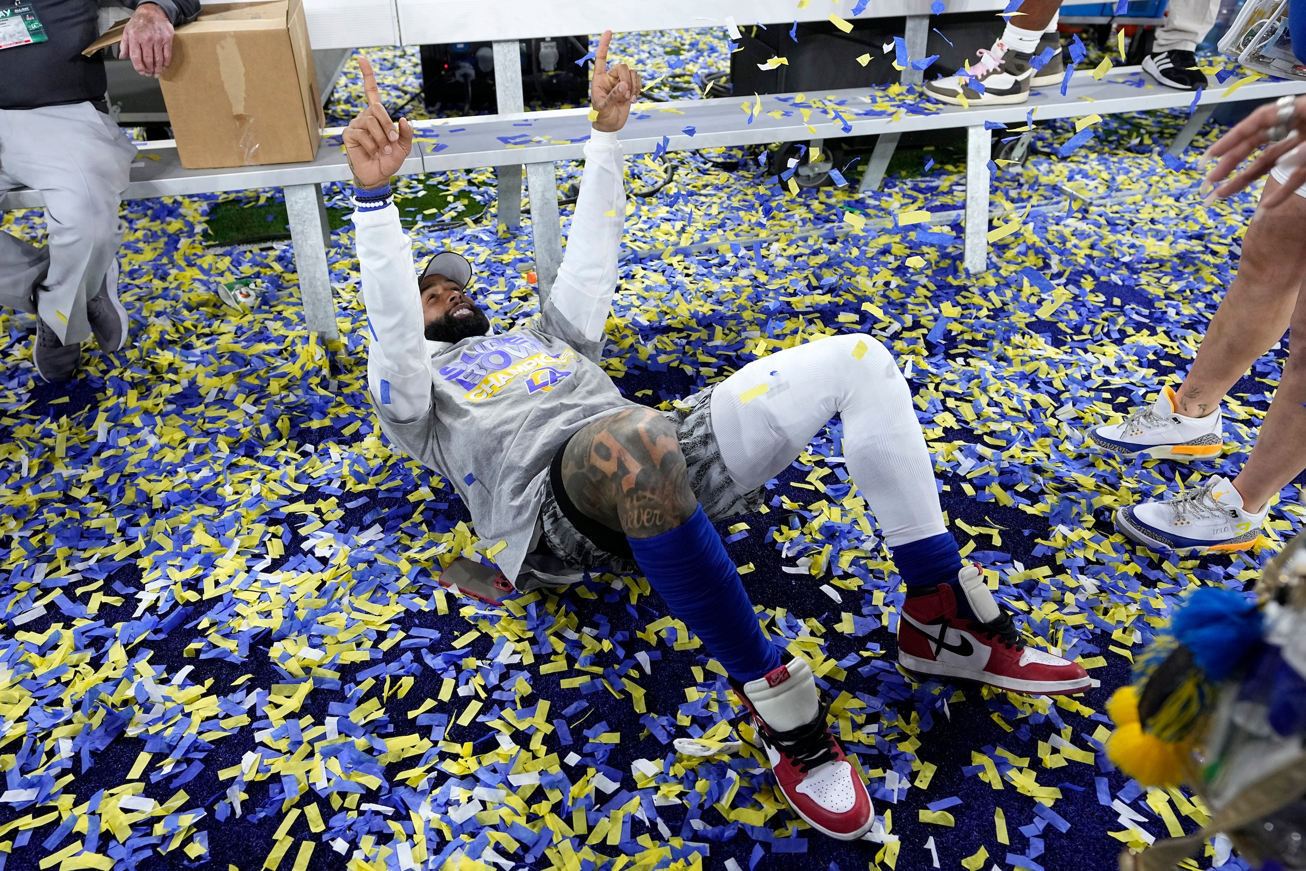 Los Angeles Rams wide receiver Odell Beckham Jr. celebrates after the Rams defeated the Cincinnati Bengals in the NFL Super Bowl 56 football game Sunday, Feb. 13, 2022, in Inglewood, Calif. (AP Photo/Lynne Sladky)