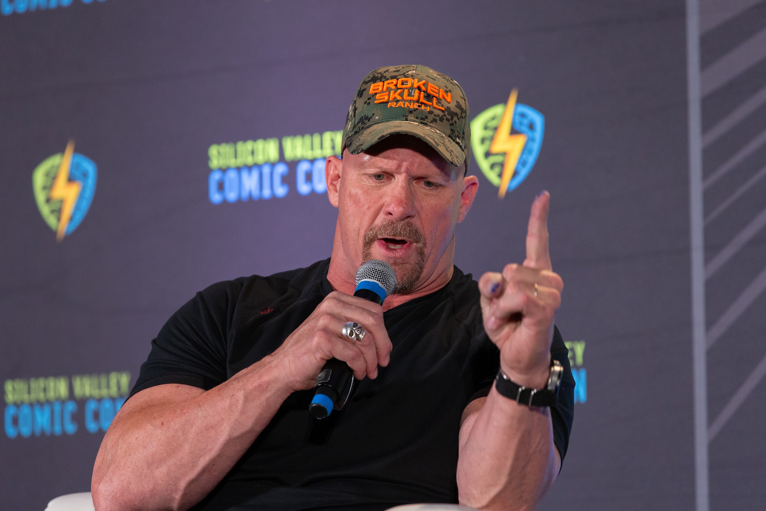 SAN JOSE, CALIFORNIA - AUGUST 17: Actor and WWE personality "Stone Cold" Steve Austin speaks at Silicon Valley Comic Con at the San Jose Convention Center on August 17, 2019 in San Jose, California. (Photo by Bill Watters/Getty Images)
