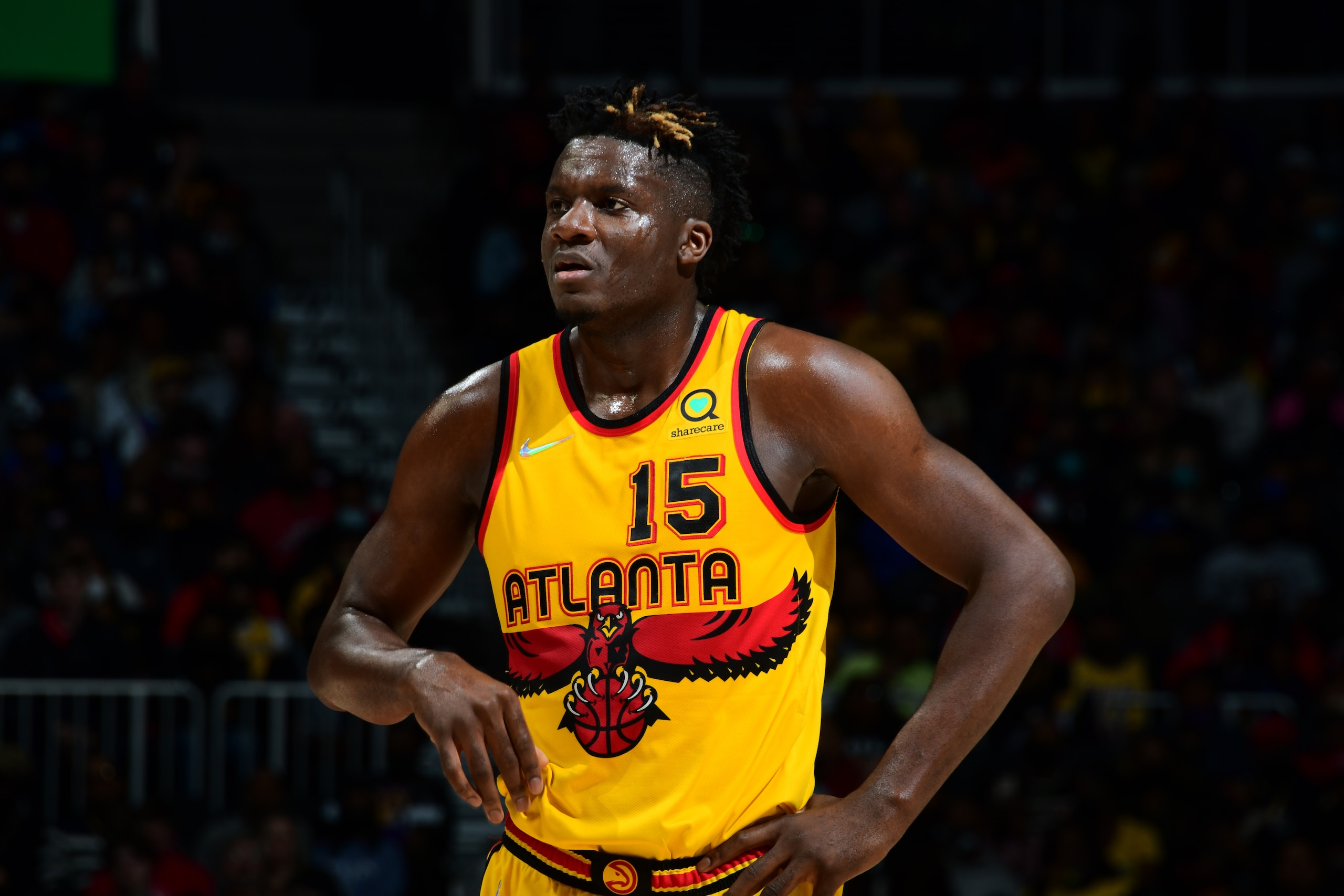 ATLANTA, GA - JANUARY 30: Clint Capela #15 of the Atlanta Hawks looks on during the game against the Los Angeles Lakers on January 30, 2022 at State Farm Arena in Atlanta, Georgia. NOTE TO USER: User expressly acknowledges and agrees that, by downloading and/or using this Photograph, user is consenting to the terms and conditions of the Getty Images License Agreement. Mandatory Copyright Notice: Copyright 2022 NBAE (Photo by Scott Cunningham/NBAE via Getty Images) ATLANTA, GA - JANUARY 30: Clint Capela #15 of the Atlanta Hawks looks on during the game against the Los Angeles Lakers on January 30, 2022 at State Farm Arena in Atlanta, Georgia. NOTE TO USER: User expressly acknowledges and agrees that, by downloading and/or using this Photograph, user is consenting to the terms and conditions of the Getty Images License Agreement. Mandatory Copyright Notice: Copyright 2022 NBAE (Photo by Scott Cunningham/NBAE via Getty Images)