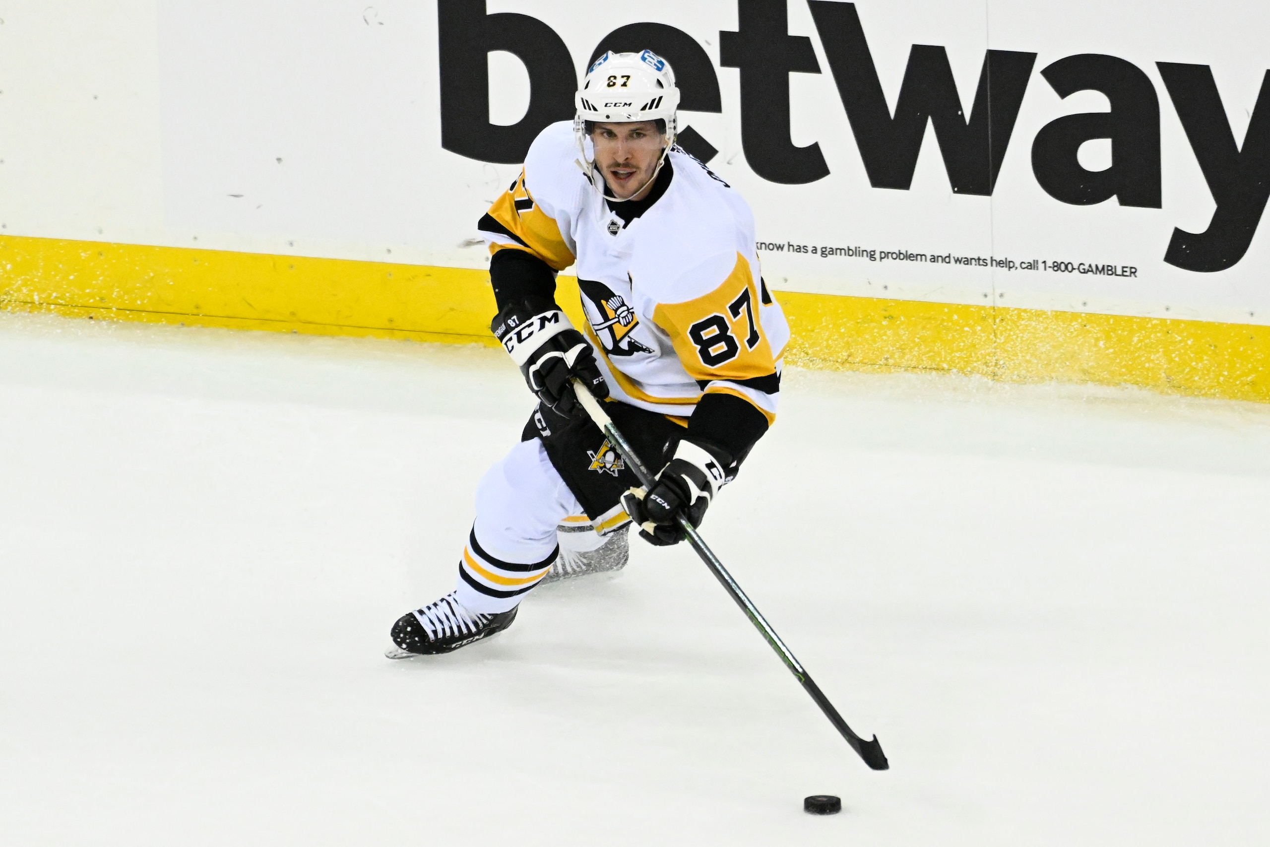 Pittsburgh Penguins center Sidney Crosby (87) during the first period of an NHL hockey game against the New Jersey Devils Sunday, Feb. 13, 2022, in Newark, N.J. (AP Photo/Bill Kostroun)