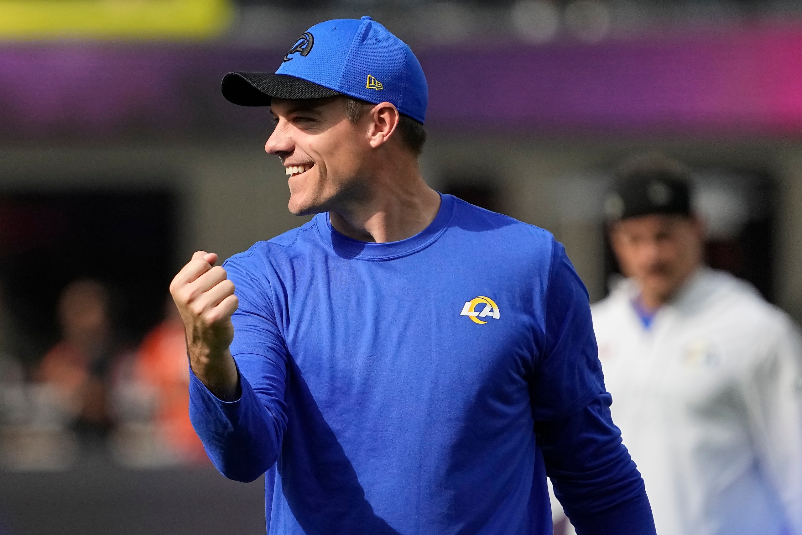 Los Angeles Rams offensive coordinator Kevin O'Connell walks on the field before the NFL Super Bowl 56 football game between the Rams and the Cincinnati Bengals, Sunday, Feb. 13, 2022, in Inglewood, Calif. (AP Photo/Mark J. Terrill)