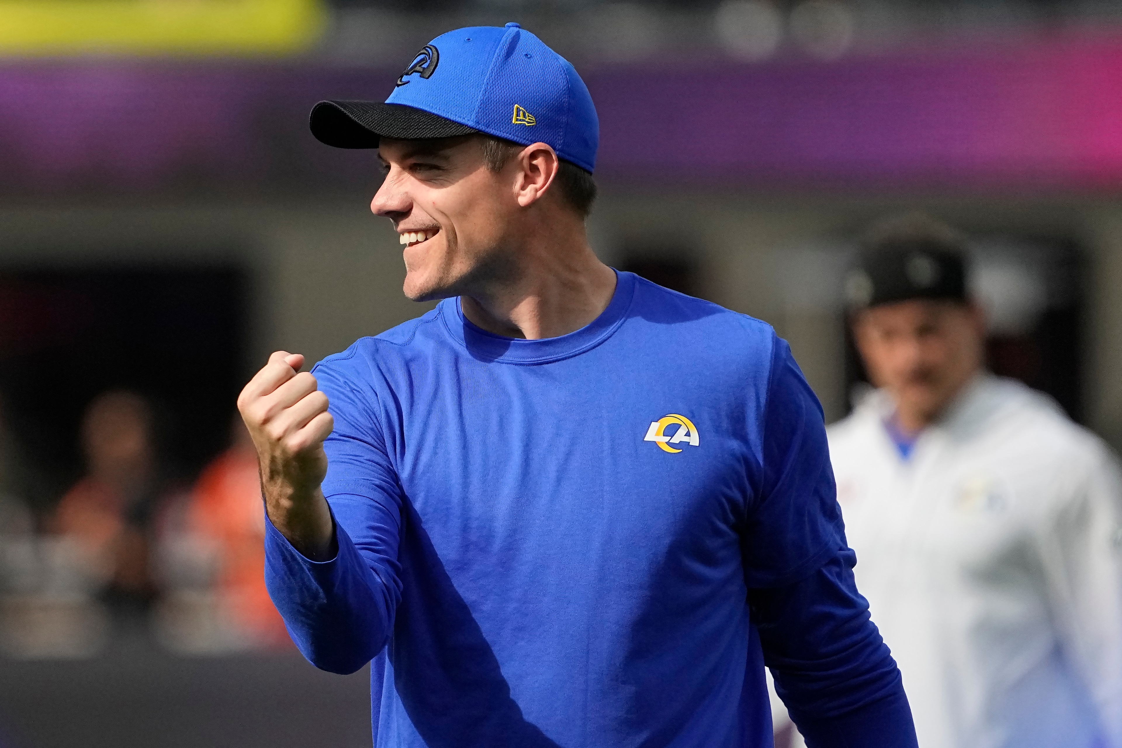 Los Angeles Rams offensive coordinator Kevin O'Connell walks on the field before the NFL Super Bowl 56 football game between the Rams and the Cincinnati Bengals, Sunday, Feb. 13, 2022, in Inglewood, Calif. (AP Photo/Mark J. Terrill)