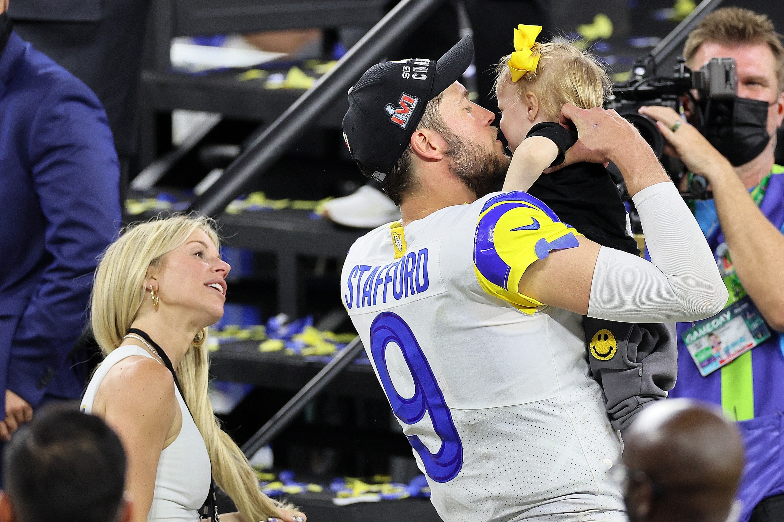 INGLEWOOD, CALIFORNIA - FEBRUARY 13: Matthew Stafford #9 of the Los Angeles Rams celebrates with his wife Kelly Stafford and their family following Super Bowl LVI at SoFi Stadium on February 13, 2022 in Inglewood, California. The Los Angeles Rams defeated the Cincinnati Bengals 23-20.  (Photo by Andy Lyons/Getty Images)
