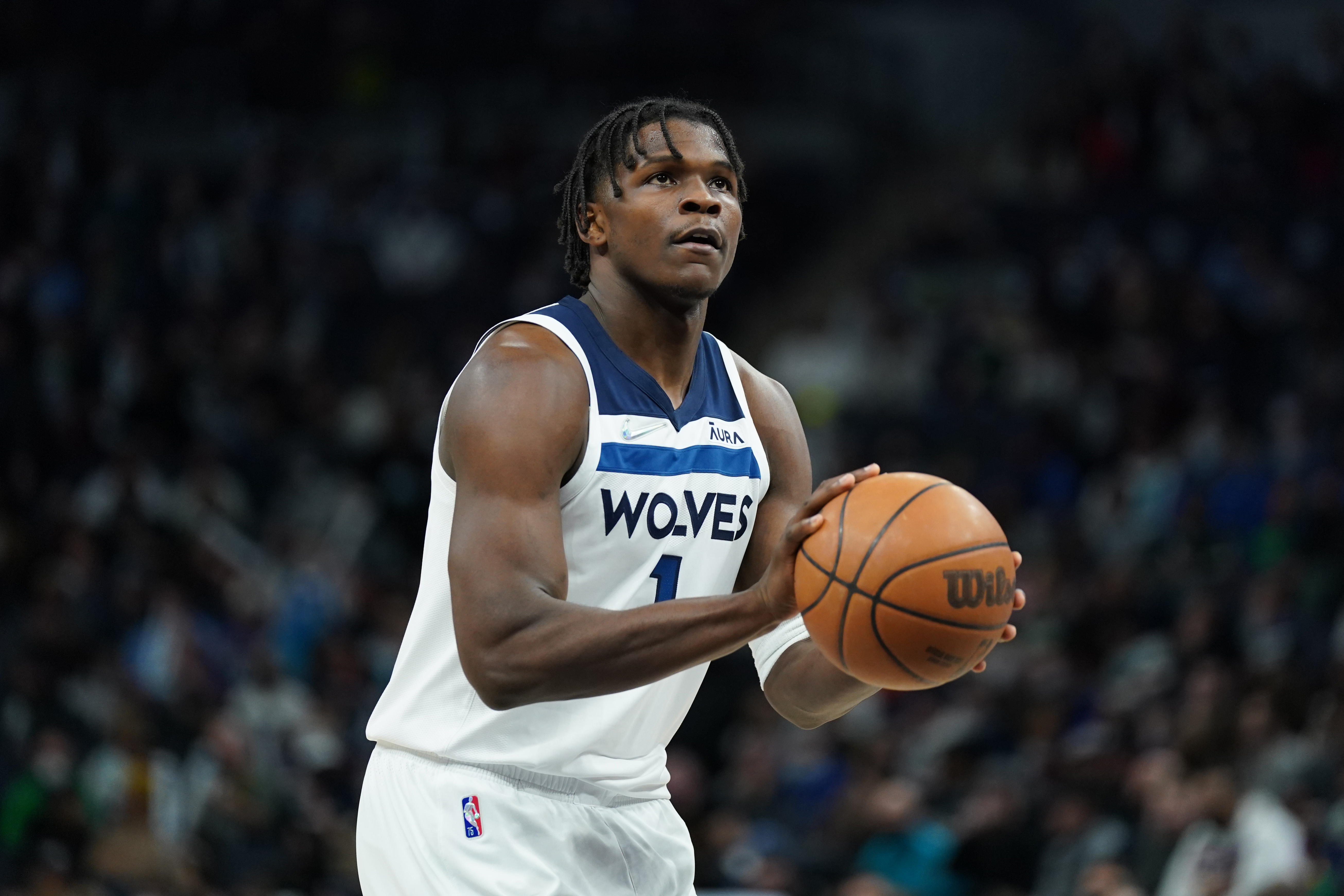 MINNEAPOLIS, MN - FEBRUARY 15: Anthony Edwards #1 of the Minnesota Timberwolves shoots a free throw during the game against the Charlotte Hornets on February 15, 2022 at Target Center in Minneapolis, Minnesota. NOTE TO USER: User expressly acknowledges and agrees that, by downloading and or using this Photograph, user is consenting to the terms and conditions of the Getty Images License Agreement. Mandatory Copyright Notice: Copyright 2022 NBAE (Photo by Jordan Johnson/NBAE via Getty Images)