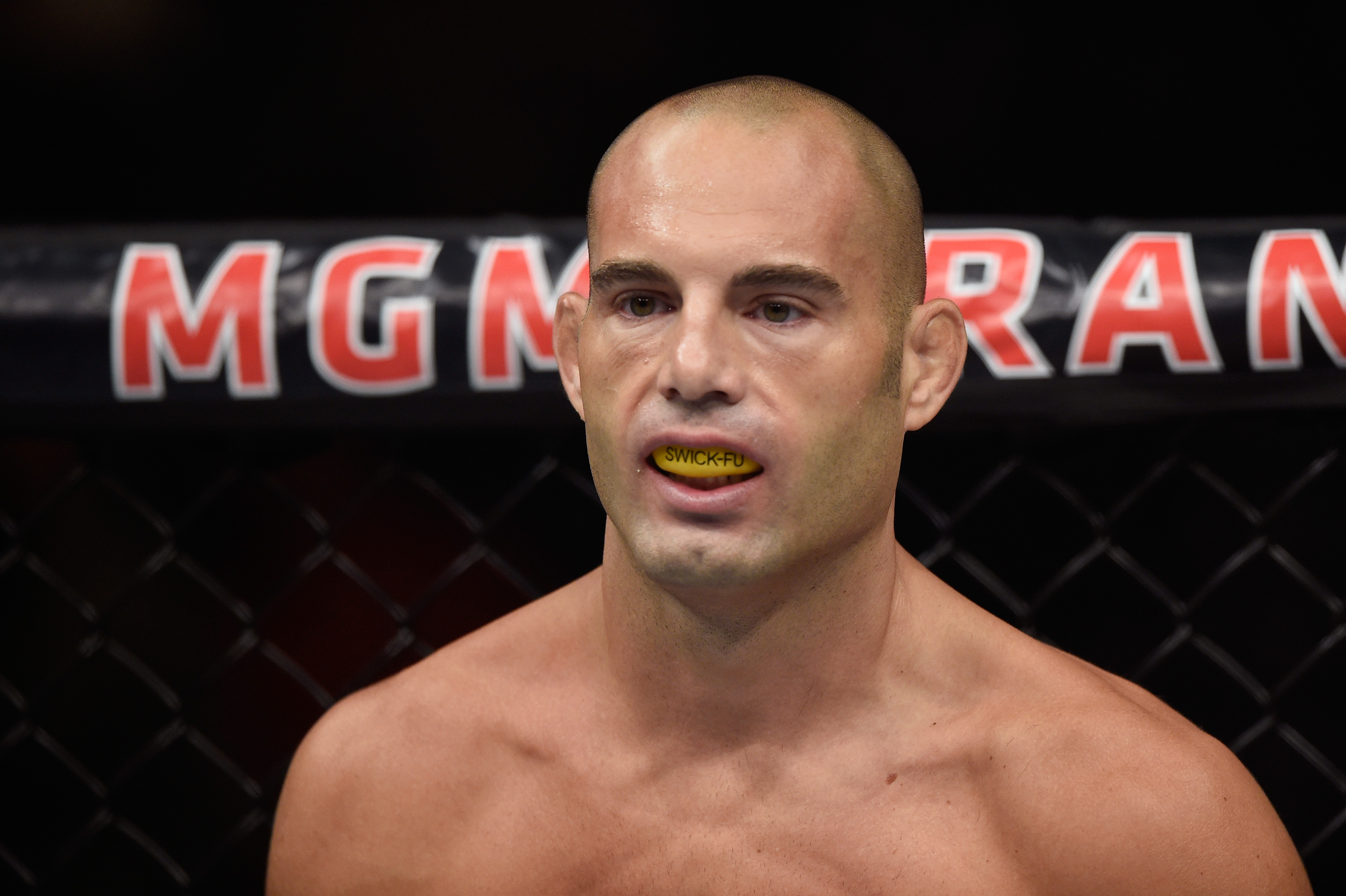 LAS VEGAS, NV - JULY 11: Mike Swick prepares to face Alex Garcia in their welterweight fight during the UFC 189 event inside MGM Grand Garden Arena on July 11, 2015 in Las Vegas, Nevada. (Photo by Josh Hedges/Zuffa LLC/Zuffa LLC via Getty Images)