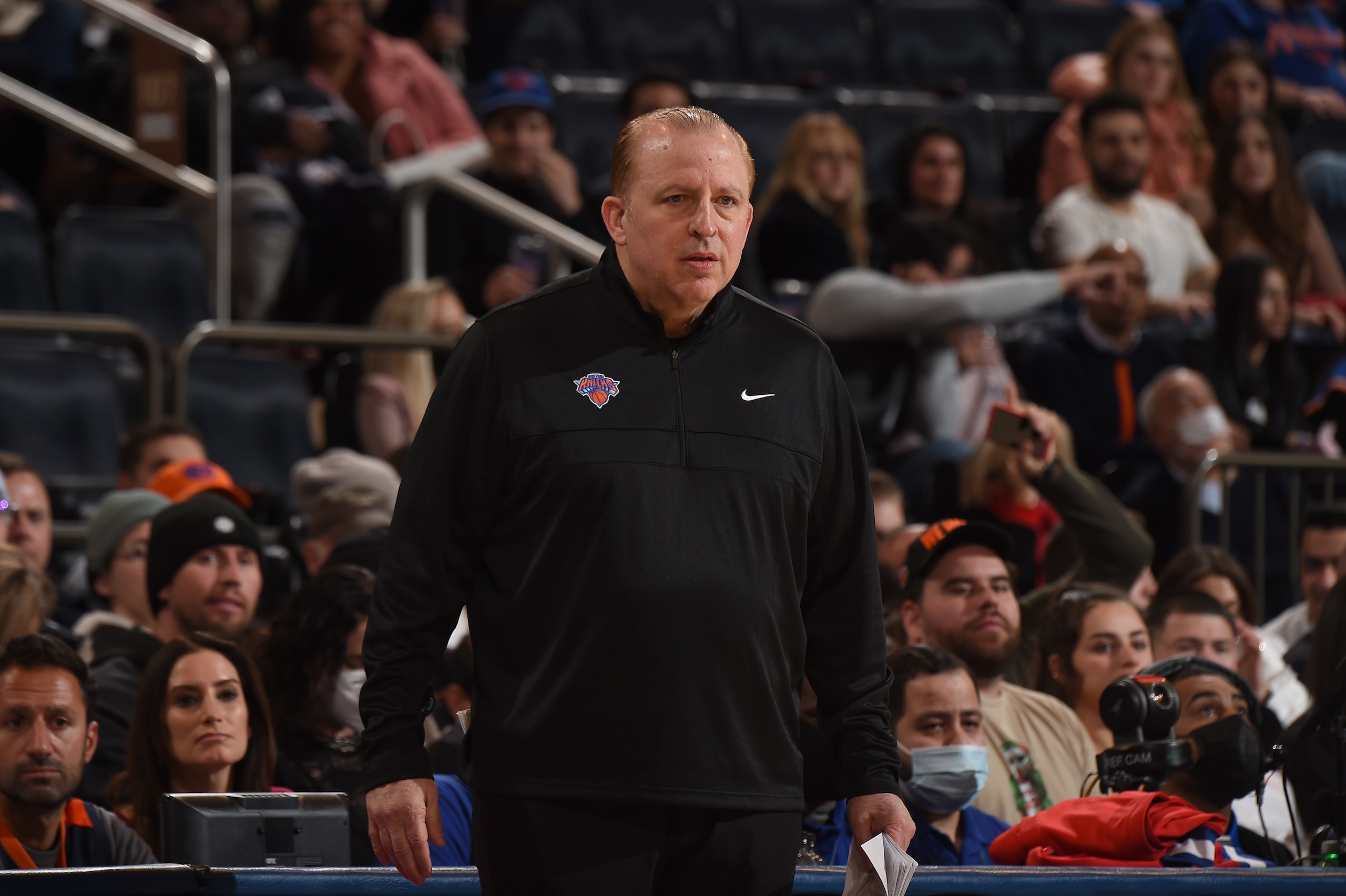 NEW YORK, NY - FEBRUARY 14: Head Coach Tom Thibodeau of the New York Knicks looks on during the game against the Oklahoma City Thunder on February 14, 2022 at Madison Square Garden in New York City, New York.  NOTE TO USER: User expressly acknowledges and agrees that, by downloading and or using this photograph, User is consenting to the terms and conditions of the Getty Images License Agreement. Mandatory Copyright Notice: Copyright 2022 NBAE  (Photo by Brian Babineau/NBAE via Getty Images)