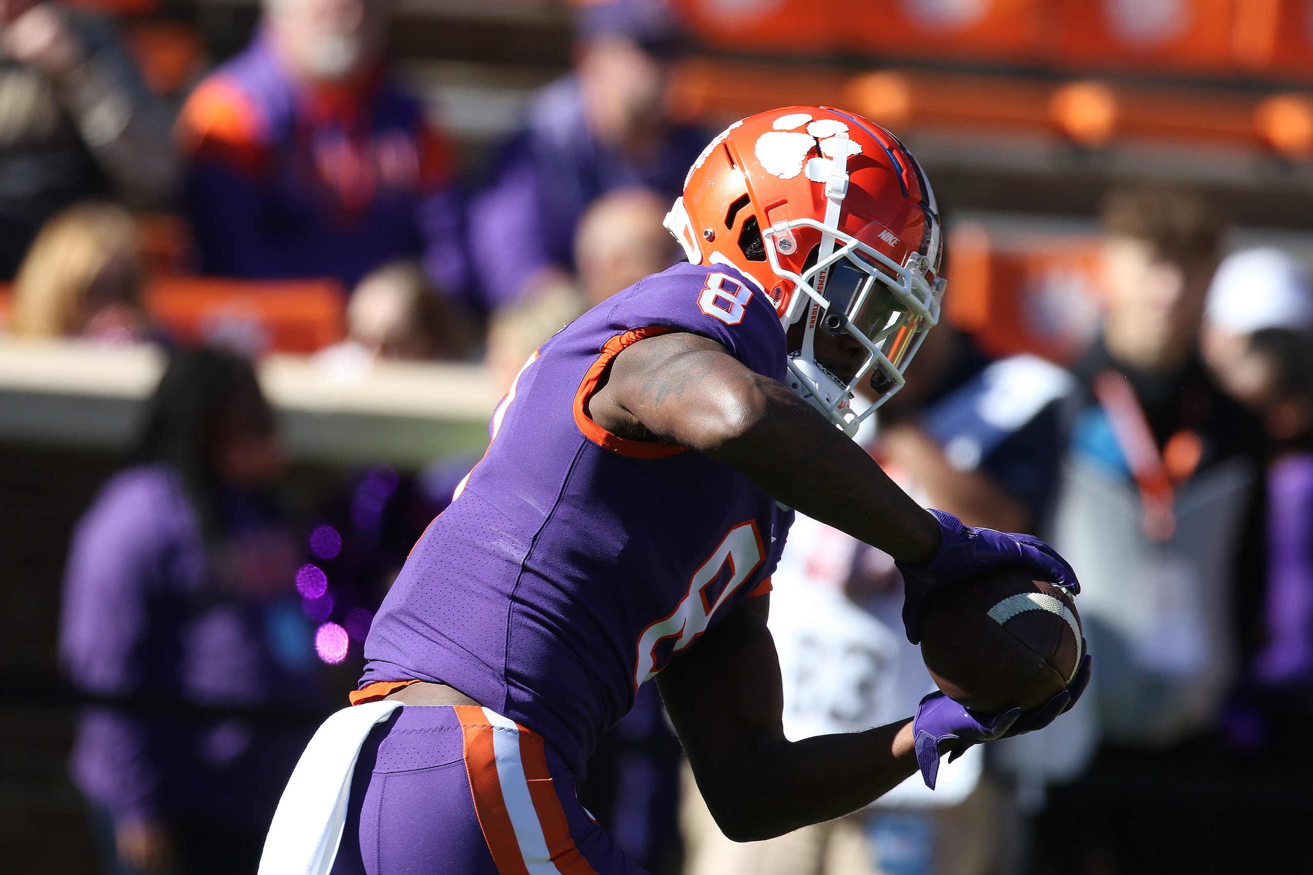 CLEMSON, SC - NOVEMBER 13: Justyn Ross (8) wide receiver of Clemson during a college football game between the University of Connecticut Huskies and the Clemson Tigers, on November 13, 2021, at Clemson Memorial Stadium in Clemson, S.C. (Photo by John Byrum/Icon Sportswire via Getty Images)