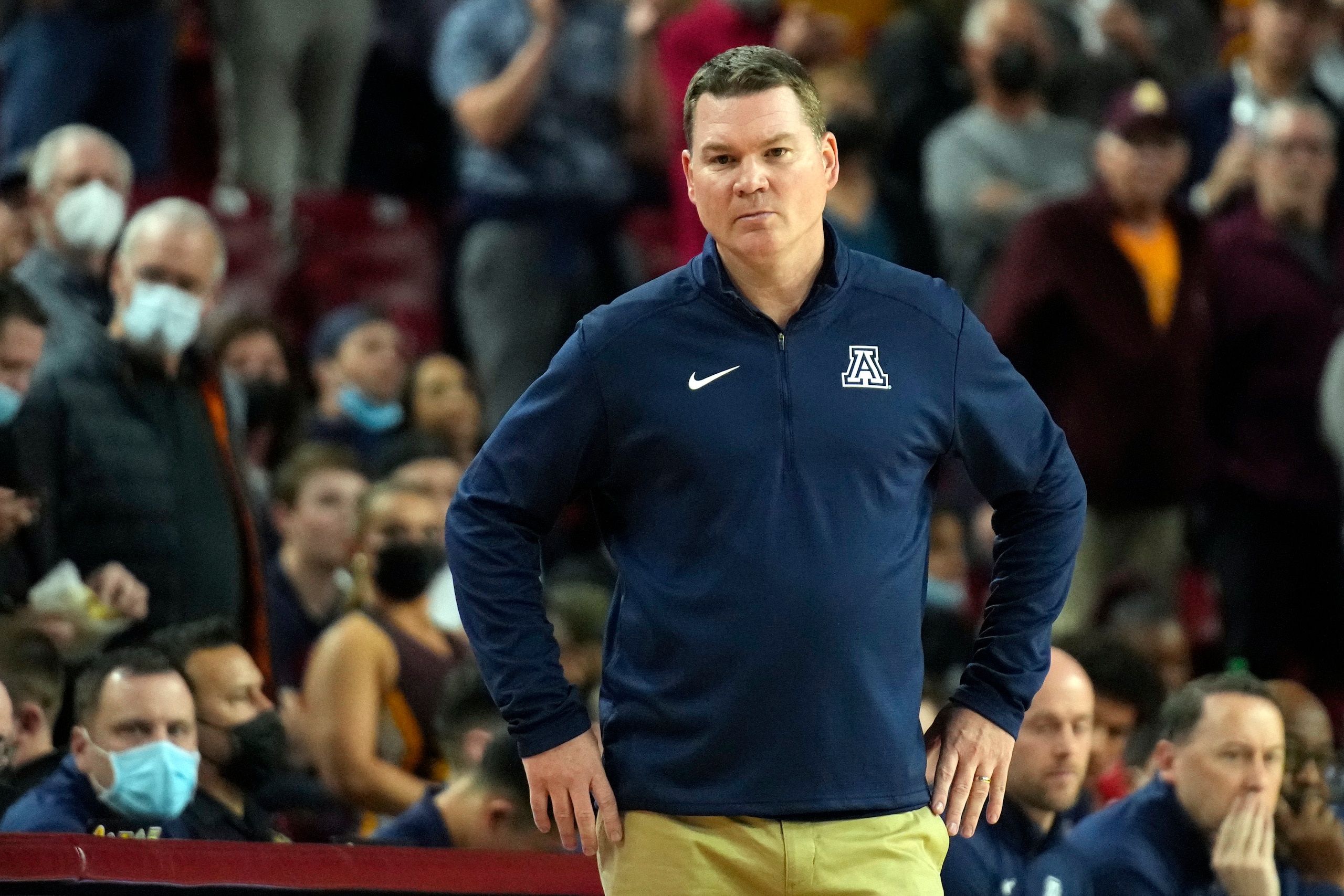 Arizona head coach Tommy Lloyd during the first half of an NCAA college basketball game against Arizona State, Monday, Feb. 27, 2022, in Tempe, Ariz. (AP Photo/Rick Scuteri)