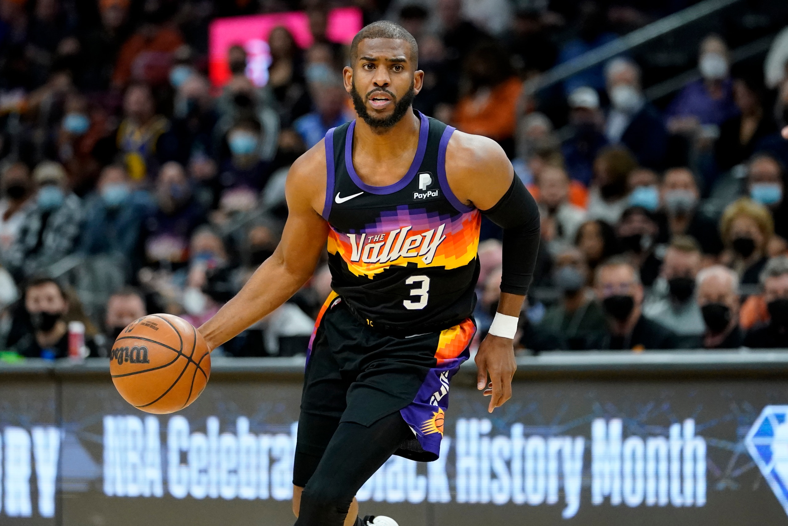 Phoenix Suns guard Chris Paul (3) drives against the Los Angeles Clippers during the first half of an NBA basketball game Tuesday, Feb. 15, 2022, in Phoenix. (AP Photo/Matt York)