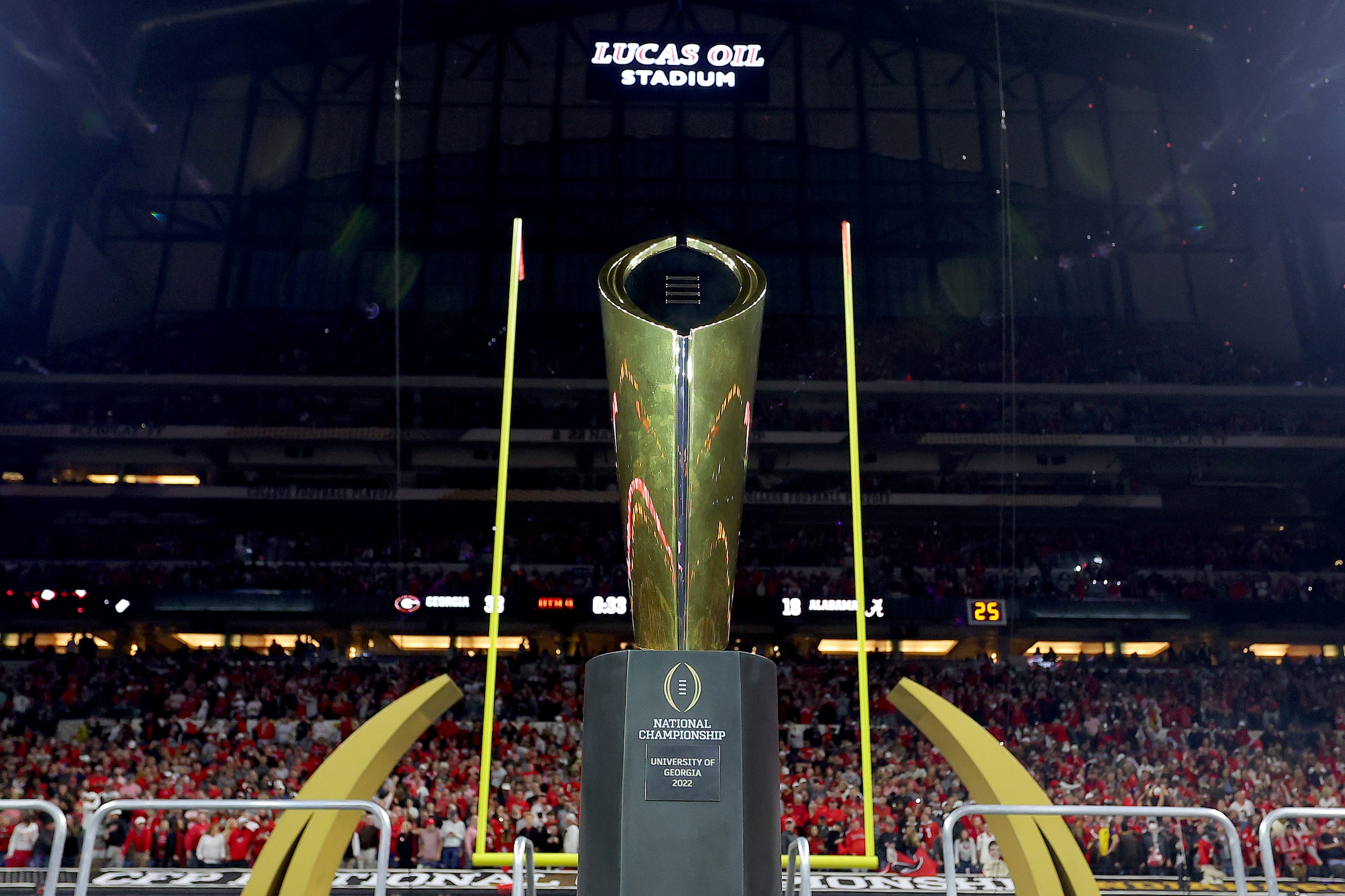 INDIANAPOLIS, INDIANA - JANUARY 10: The National Championship trophy is displayed after the Georgia Bulldogs defeated the Alabama Crimson Tide 33-18 in the 2022 CFP National Championship Game at Lucas Oil Stadium on January 10, 2022 in Indianapolis, Indiana. (Photo by Kevin C. Cox/Getty Images)