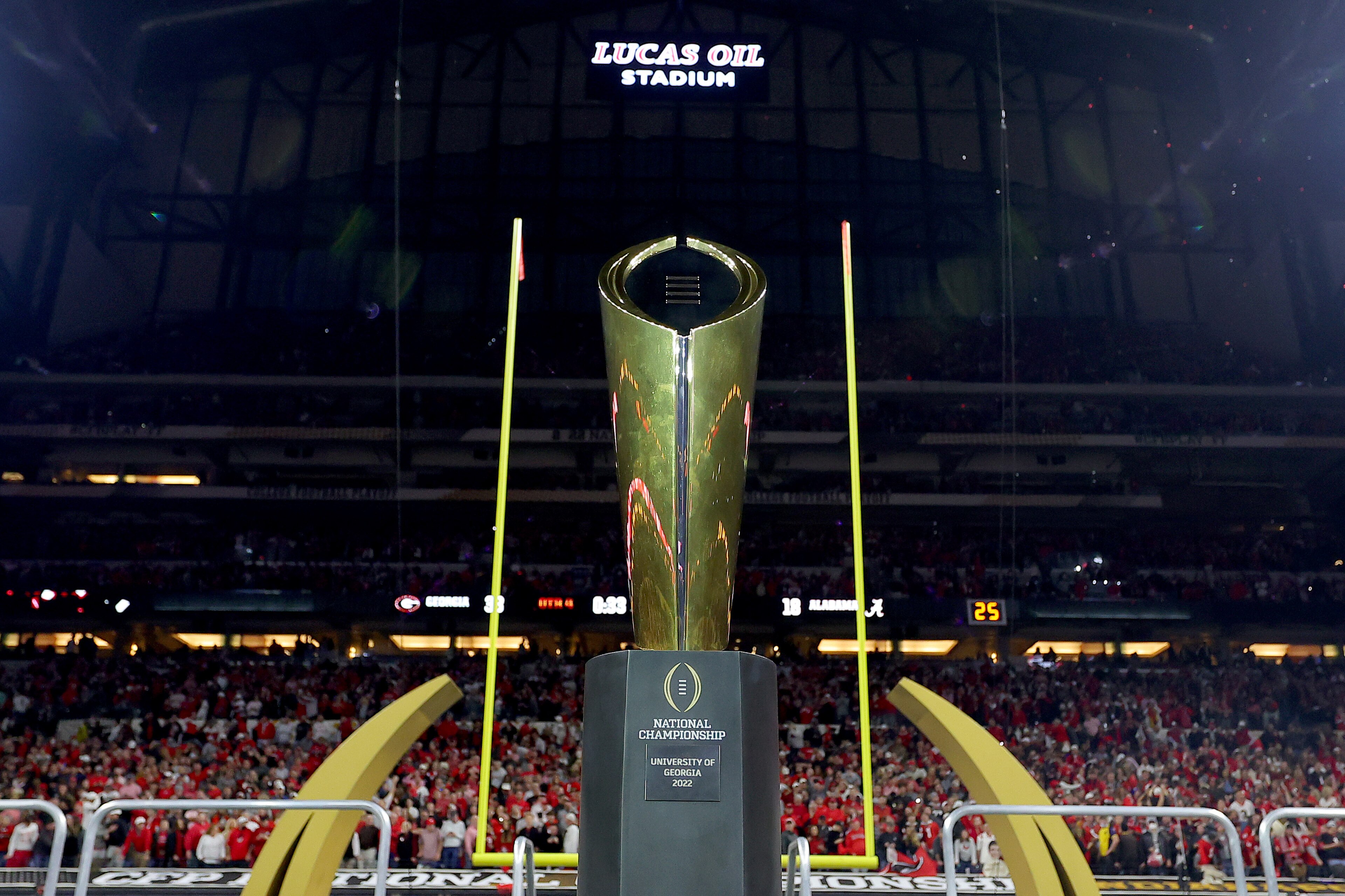 INDIANAPOLIS, INDIANA - JANUARY 10: The National Championship trophy is displayed after the Georgia Bulldogs defeated the Alabama Crimson Tide 33-18 in the 2022 CFP National Championship Game at Lucas Oil Stadium on January 10, 2022 in Indianapolis, Indiana. (Photo by Kevin C. Cox/Getty Images)