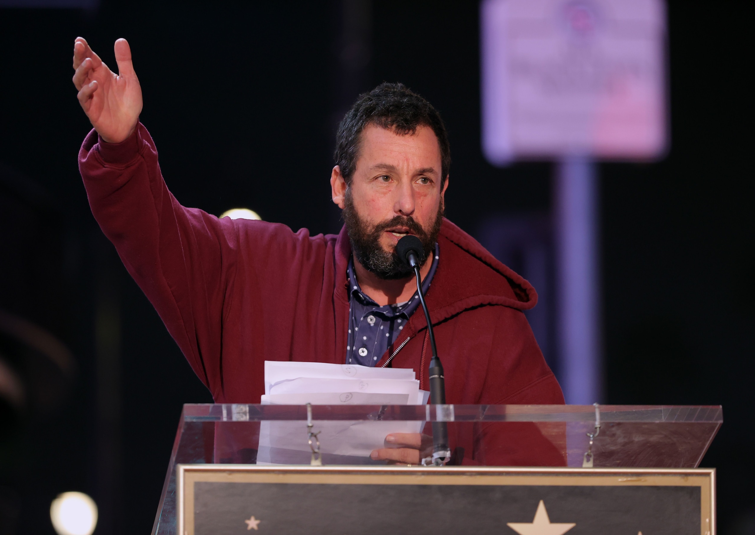 LOS ANGELES, CALIFORNIA - NOVEMBER 19: Adam Sandler speaks during the Hollywood Walk of Fame Star Ceremony for Salma Hayek Pinault on November 19, 2021 in Los Angeles, California. (Photo by Emma McIntyre/Getty Images)