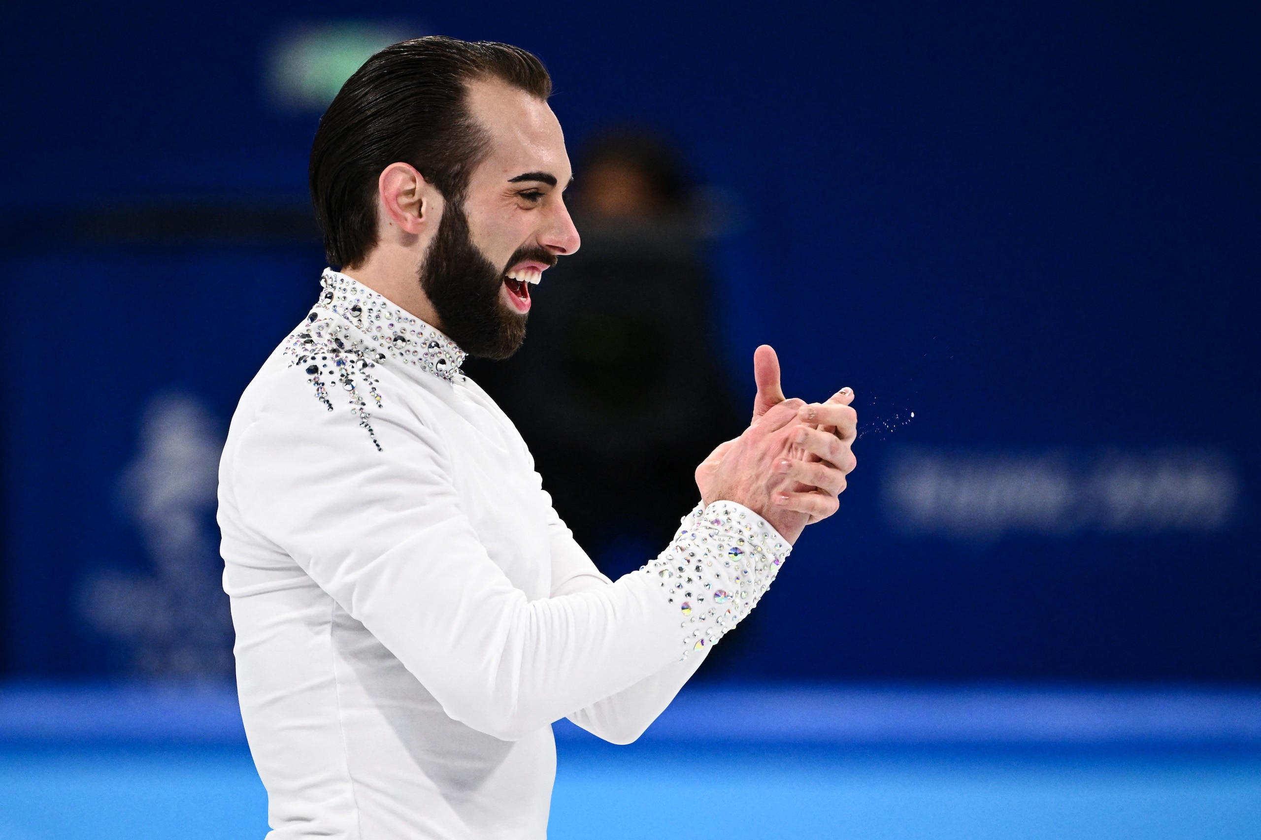 USA's Ashley Cain-Gribble (not pictured) and USA's Timothy Leduc react after competing in the pair skating short program of the figure skating event during the Beijing 2022 Winter Olympic Games at the Capital Indoor Stadium in Beijing on February 18, 2022. (Photo by Anne-Christine POUJOULAT / AFP) (Photo by ANNE-CHRISTINE POUJOULAT/AFP via Getty Images)