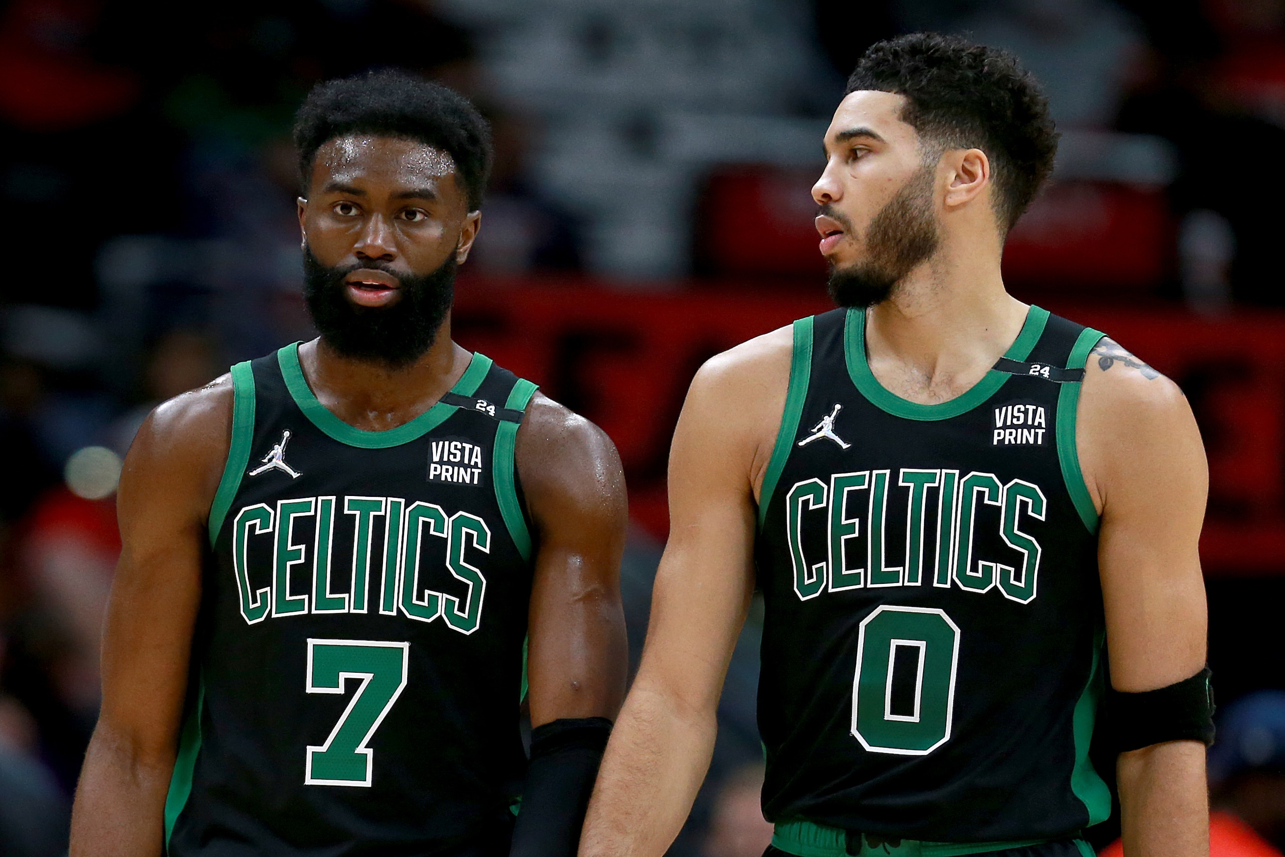 NEW ORLEANS, LOUISIANA - JANUARY 29: Jaylen Brown #7 of the Boston Celtics and Jayson Tatum #0 of the Boston Celtics stands on the court during the third quarter of an NBA game against the New Orleans Pelicans at Smoothie King Center on January 29, 2022 in New Orleans, Louisiana. NOTE TO USER: User expressly acknowledges and agrees that, by downloading and or using this photograph, User is consenting to the terms and conditions of the Getty Images License Agreement. (Photo by Sean Gardner/Getty Images)