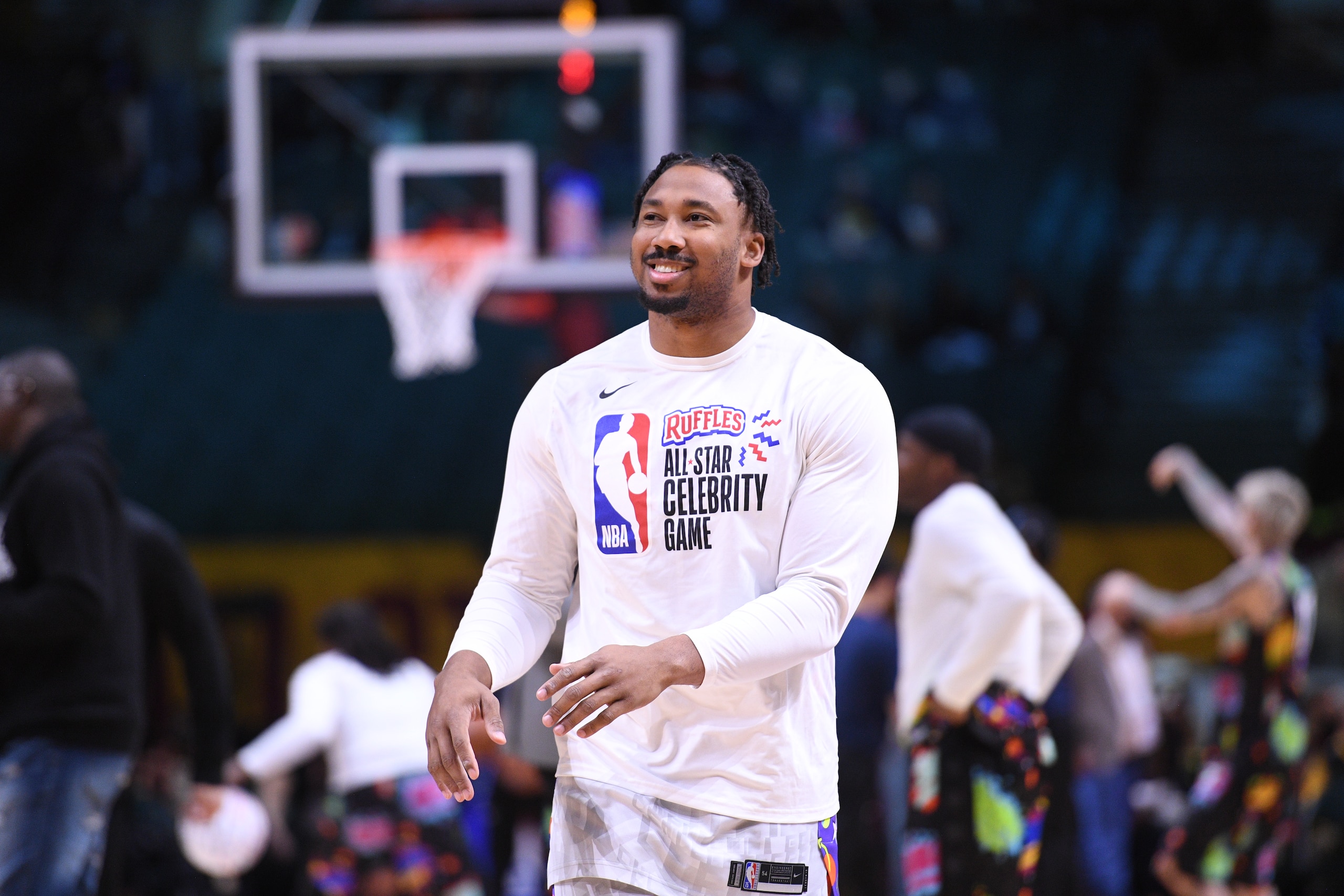 CLEVELAND, OH - FEBRUARY 18: Myles Garrett of Team Nique smiles before the Ruffles NBA All-Star Celebrity Game as part of 2022 NBA All Star Weekend on Thursday, February 18, 2022 at Wolstein Center in Cleveland, Ohio. NOTE TO USER: User expressly acknowledges and agrees that, by downloading and/or using this Photograph, user is consenting to the terms and conditions of the Getty Images License Agreement. Mandatory Copyright Notice: Copyright 2022 NBAE (Photo by Chris Schwegler/NBAE via Getty Images)