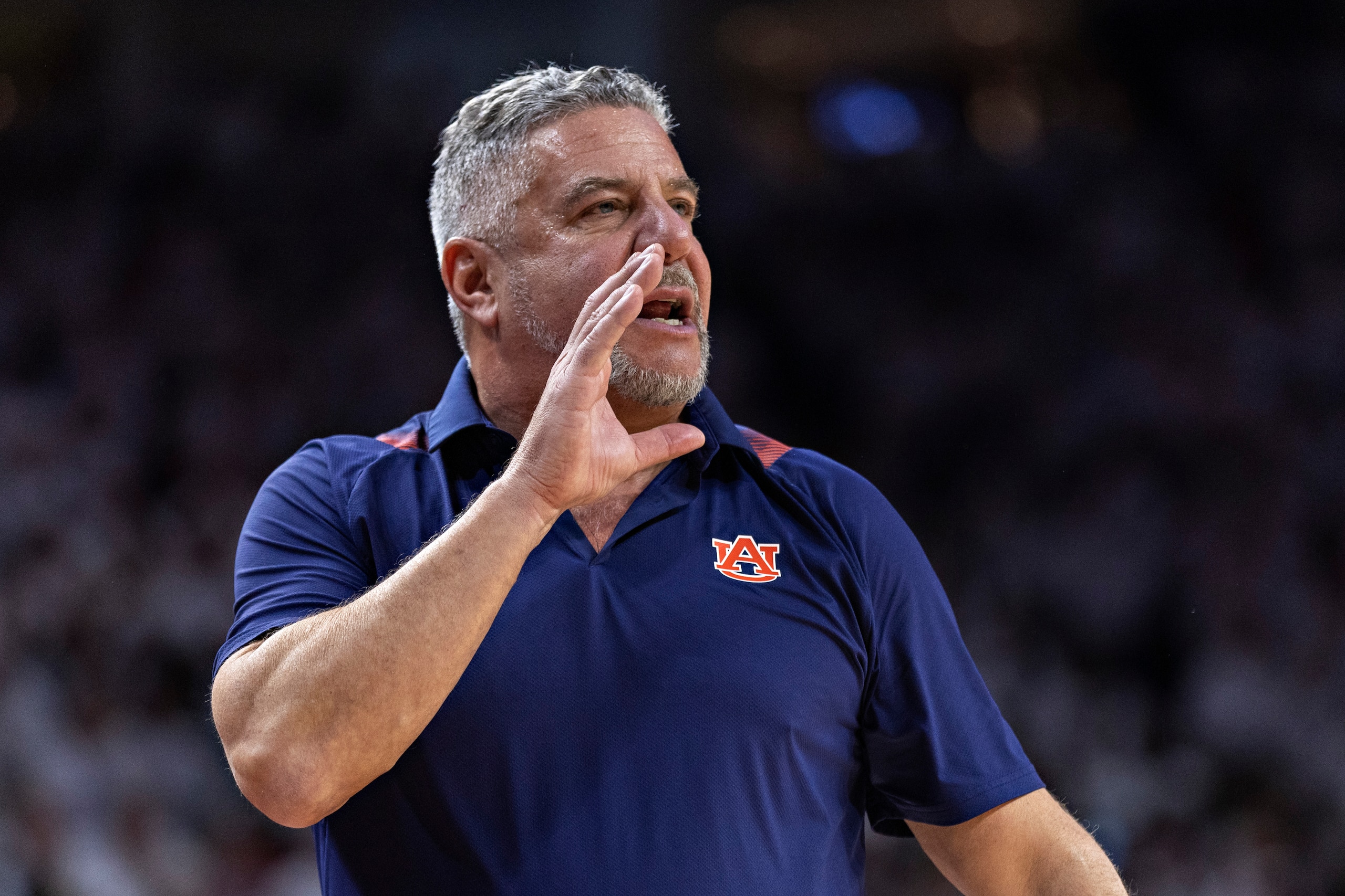 FAYETTEVILLE, ARKANSAS - FEBRUARY 08: Head Coach Bruce Pearl of the Auburn Tigers yells to his team during a game against the Arkansas Razorbacks at Bud Walton Arena on February 08, 2022 in Fayetteville, Arkansas. The Razorbacks defeated the Tigers 80-76. (Photo by Wesley Hitt/Getty Images)