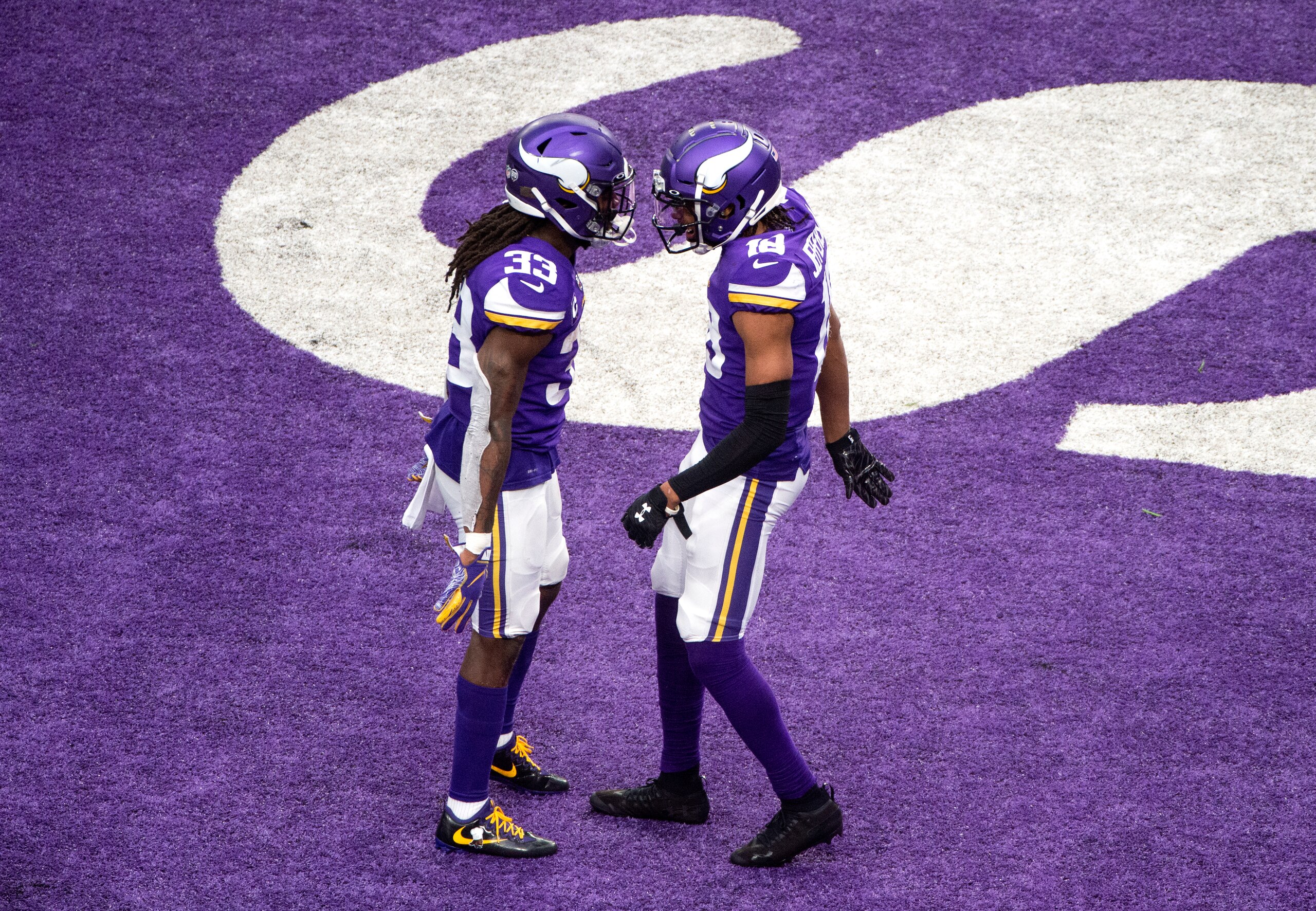MINNEAPOLIS, MN - DECEMBER 6: Justin Jefferson #18 celebrates with Dalvin Cook #33 of the Minnesota Vikings after scoring touchdown in the third quarter of the game against the Jacksonville Jaguars at U.S. Bank Stadium on December 6, 2020 in Minneapolis, Minnesota. (Photo by Stephen Maturen/Getty Images)