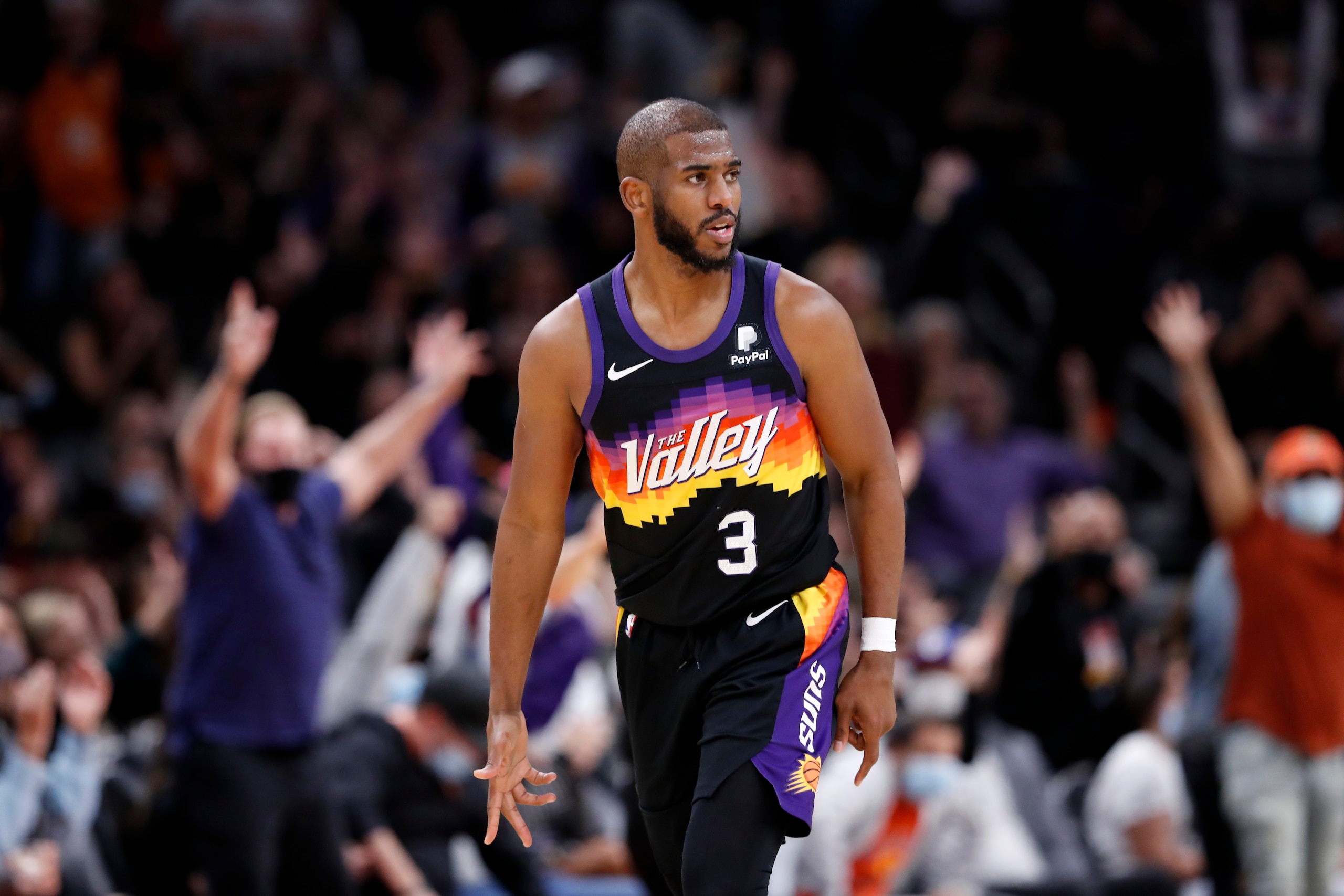 PHOENIX, ARIZONA - FEBRUARY 15: Chris Paul #3 of the Phoenix Suns reacts after making a three point basket during the second half against the Los Angeles Clippers at Footprint Center on February 15, 2022 in Phoenix, Arizona. NOTE TO USER: User expressly acknowledges and agrees that, by downloading and or using this photograph, User is consenting to the terms and conditions of the Getty Images License Agreement. (Photo by Chris Coduto/Getty Images)