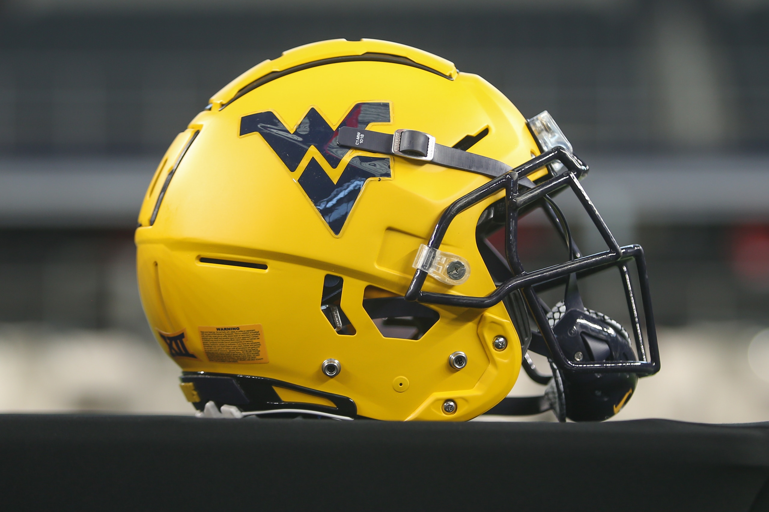 ARLINGTON, TX - JULY 14: West Virginia Mountaineers football helmet on display during the Big 12 Conference football media days on July 14, 2021 at AT&T Stadium in Arlington, TX. (Photo by George Walker/Icon Sportswire via Getty Images)