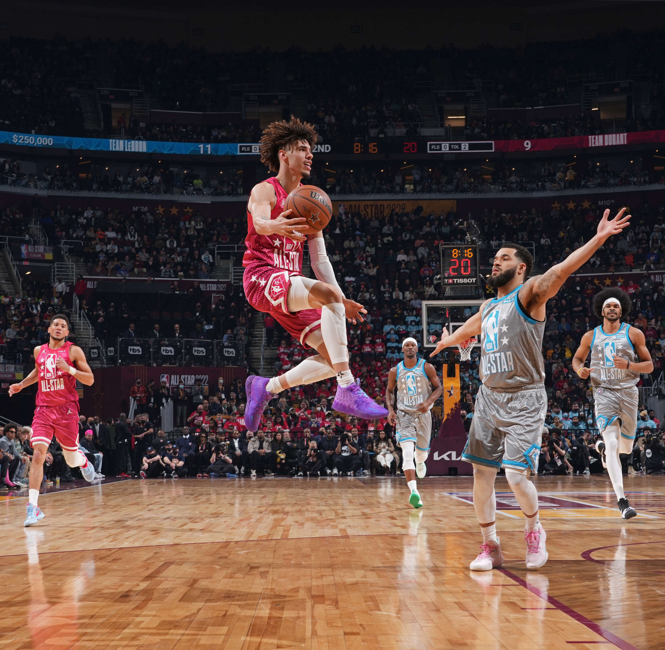 CLEVELAND, OH - FEBRUARY 20: LaMelo Ball #2 of Team Durant drives to the basket and passes the ball against Team LeBron during the 2022 NBA All-Star Game as part of 2022 NBA All Star Weekend on February 20, 2022 at Rocket Mortgage FieldHouse in Cleveland, Ohio. NOTE TO USER: User expressly acknowledges and agrees that, by downloading and/or using this Photograph, user is consenting to the terms and conditions of the Getty Images License Agreement. Mandatory Copyright Notice: Copyright 2022 NBAE (Photo by Jesse D. Garrabrant/NBAE via Getty Images) CLEVELAND, OH - FEBRUARY 20: LaMelo Ball #2 of Team Durant drives to the basket and passes the ball against Team LeBron during the 2022 NBA All-Star Game as part of 2022 NBA All Star Weekend on February 20, 2022 at Rocket Mortgage FieldHouse in Cleveland, Ohio. NOTE TO USER: User expressly acknowledges and agrees that, by downloading and/or using this Photograph, user is consenting to the terms and conditions of the Getty Images License Agreement. Mandatory Copyright Notice: Copyright 2022 NBAE (Photo by Jesse D. Garrabrant/NBAE via Getty Images)