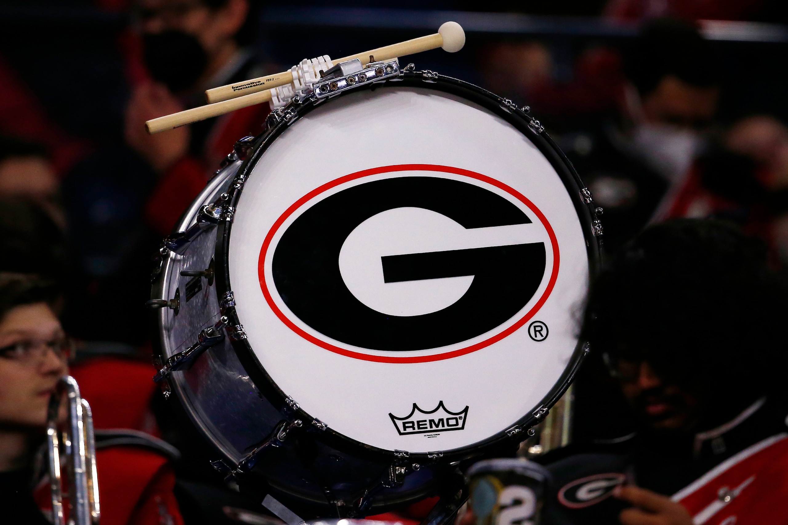INDIANAPOLIS, IN - JANUARY 10: The Georgia Logo on display on a band members drum during the Alabama Crimson Tide versus the Georgia Bulldogs in the College Football Playoff National Championship, on January 10, 2022, at Lucas Oil Stadium in Indianapolis, IN.(Photo by Jeffrey Brown/Icon Sportswire via Getty Images)