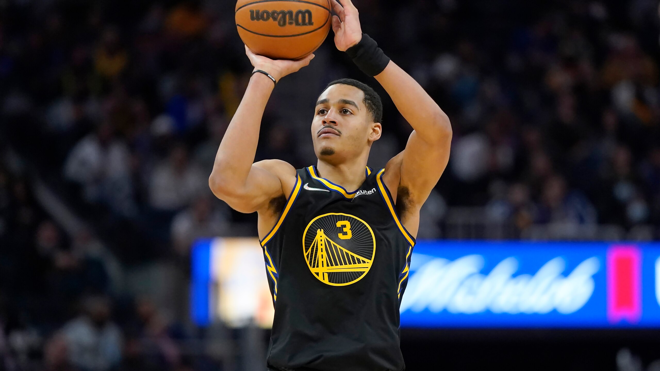 Golden State Warriors guard Jordan Poole (3) during an NBA basketball game against the Denver Nuggets in San Francisco, Wednesday, Feb. 16, 2022. (AP Photo/Jeff Chiu)