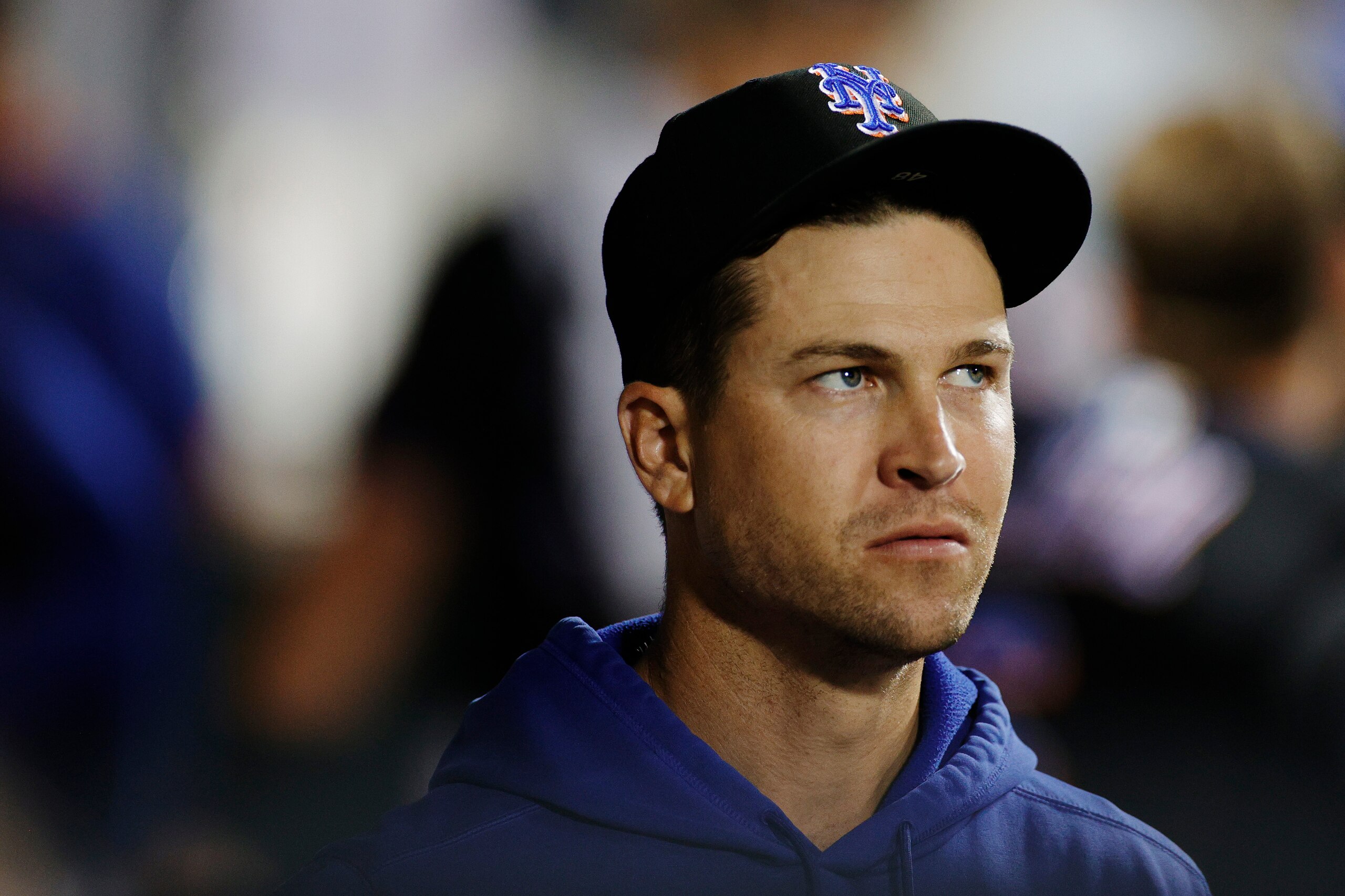 NEW YORK, NEW YORK - SEPTEMBER 17: Jacob deGrom #48 of the New York Mets looks on from the dugout during the sixth inning against the Philadelphia Phillies at Citi Field on September 17, 2021 in the Queens borough of New York City. (Photo by Sarah Stier/Getty Images)