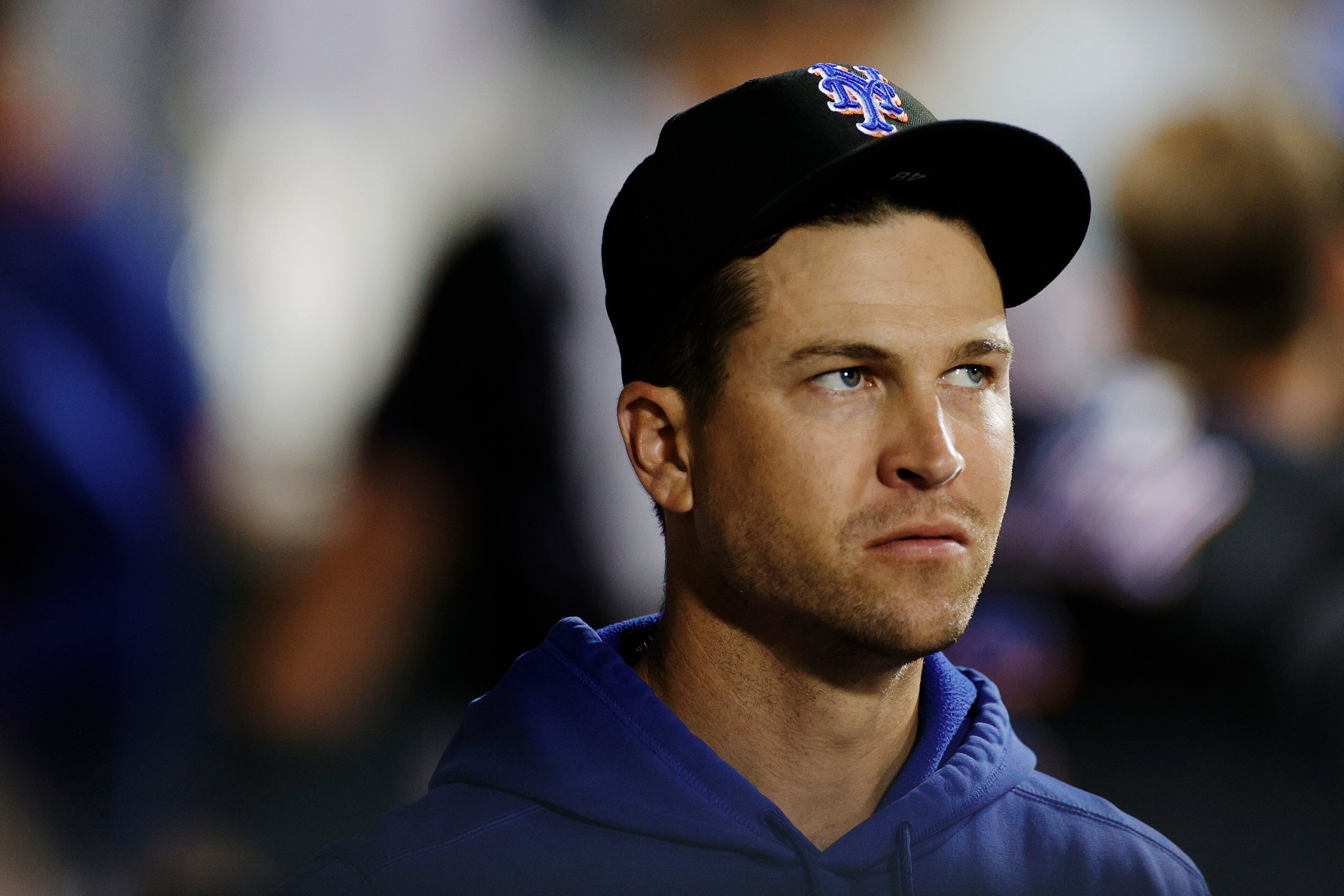 NEW YORK, NEW YORK - SEPTEMBER 17: Jacob deGrom #48 of the New York Mets looks on from the dugout during the sixth inning against the Philadelphia Phillies at Citi Field on September 17, 2021 in the Queens borough of New York City. (Photo by Sarah Stier/Getty Images)