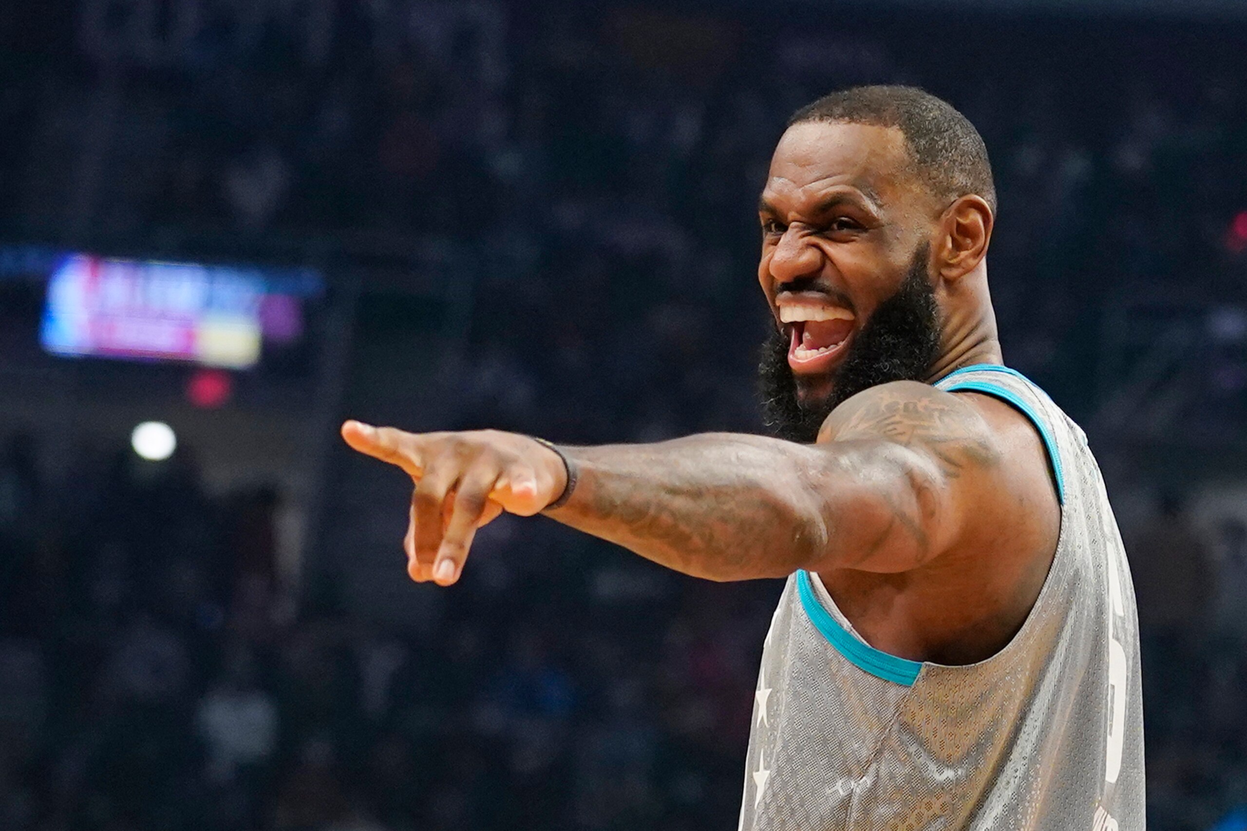 Los Angeles Lakers' LeBron James jokes with fans during the NBA All-Star game in Cleveland, Sunday, Feb. 20, 2022. (AP Photo/Charles Krupa) Los Angeles Lakers' LeBron James jokes with fans during the NBA All-Star game in Cleveland, Sunday, Feb. 20, 2022. (AP Photo/Charles Krupa)