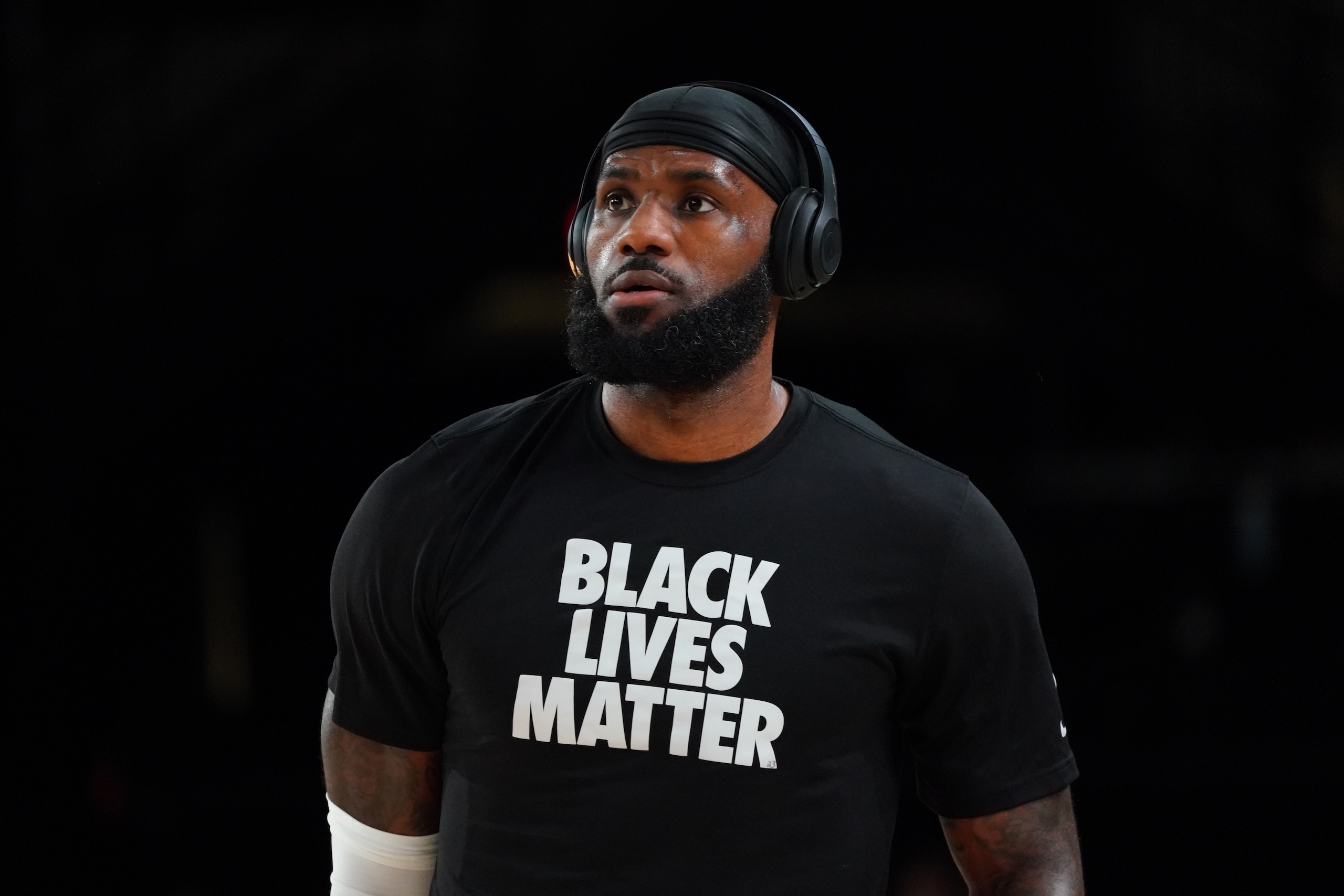ORLANDO, FL - SEPTEMBER 12: LeBron James #23 of the Los Angeles Lakers warms up before Game Five of the Western Conference SemiFinals of the NBA Playoffs on September 12, 2020 at AdventHealth Arena in Orlando, Florida. NOTE TO USER: User expressly acknowledges and agrees that, by downloading and/or using this Photograph, user is consenting to the terms and conditions of the Getty Images License Agreement. Mandatory Copyright Notice: Copyright 2020 NBAE (Photo by Jesse D. Garrabrant/NBAE via Getty Images)