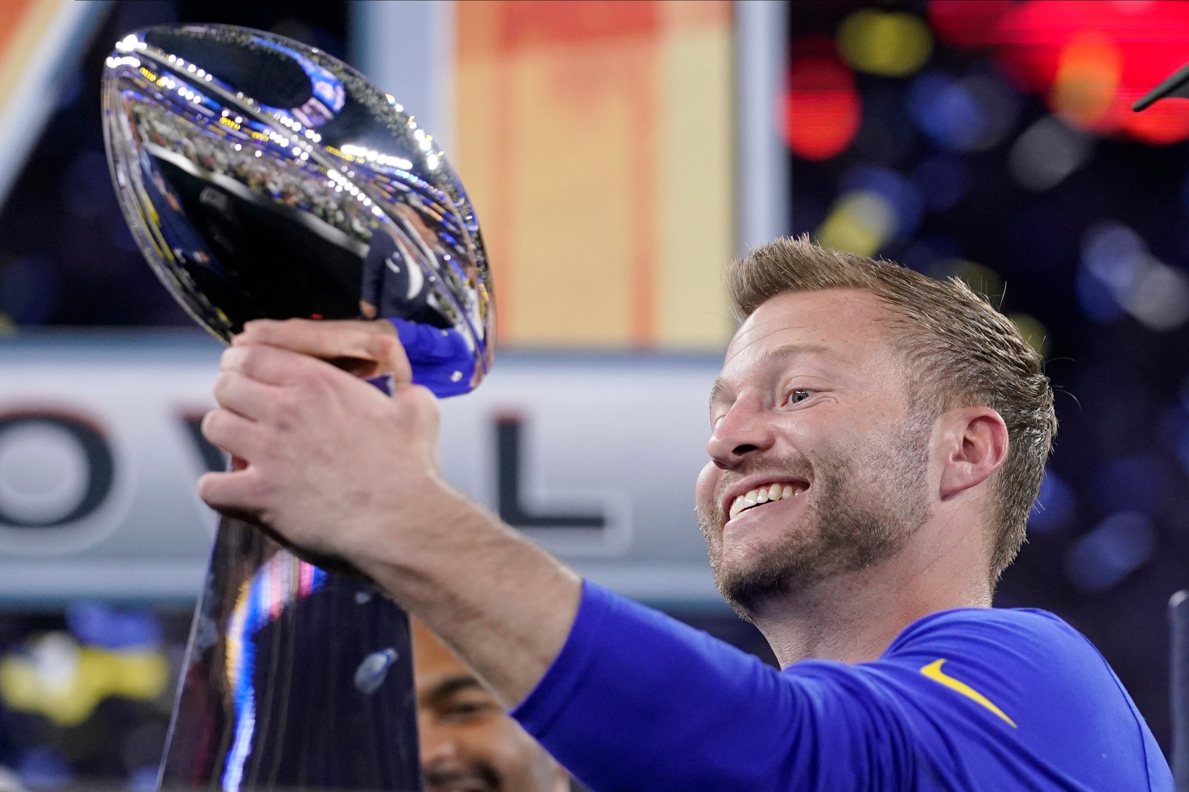 Los Angeles Rams head coach Sean McVay holds the Lombardi Trophy after the Rams defeated the Cincinnati Bengals in the NFL Super Bowl 56 football game Sunday, Feb. 13, 2022, in Inglewood, Calif. (AP Photo/Mark J. Terrill) Los Angeles Rams head coach Sean McVay holds the Lombardi Trophy after the Rams defeated the Cincinnati Bengals in the NFL Super Bowl 56 football game Sunday, Feb. 13, 2022, in Inglewood, Calif. (AP Photo/Mark J. Terrill)