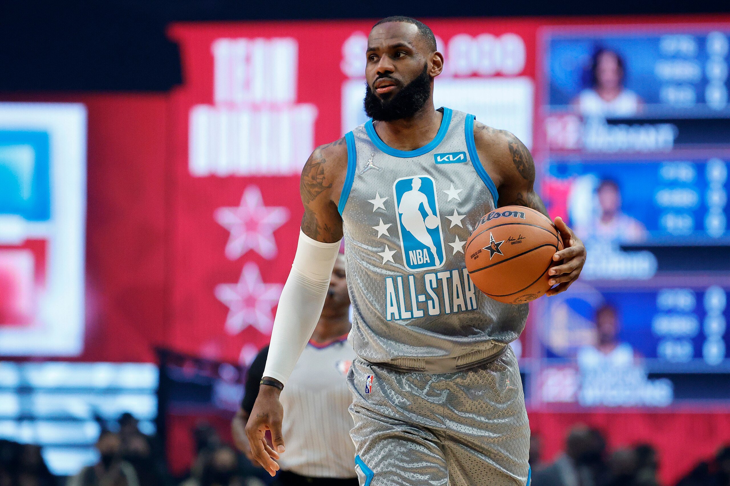 CLEVELAND, OHIO - FEBRUARY 20: LeBron James #6 of Team LeBron looks on against Team Durant during the 2022 NBA All-Star Game at Rocket Mortgage Fieldhouse on February 20, 2022 in Cleveland, Ohio. NOTE TO USER: User expressly acknowledges and agrees that, by downloading and or using this photograph, User is consenting to the terms and conditions of the Getty Images License Agreement. (Photo by Tim Nwachukwu/Getty Images)