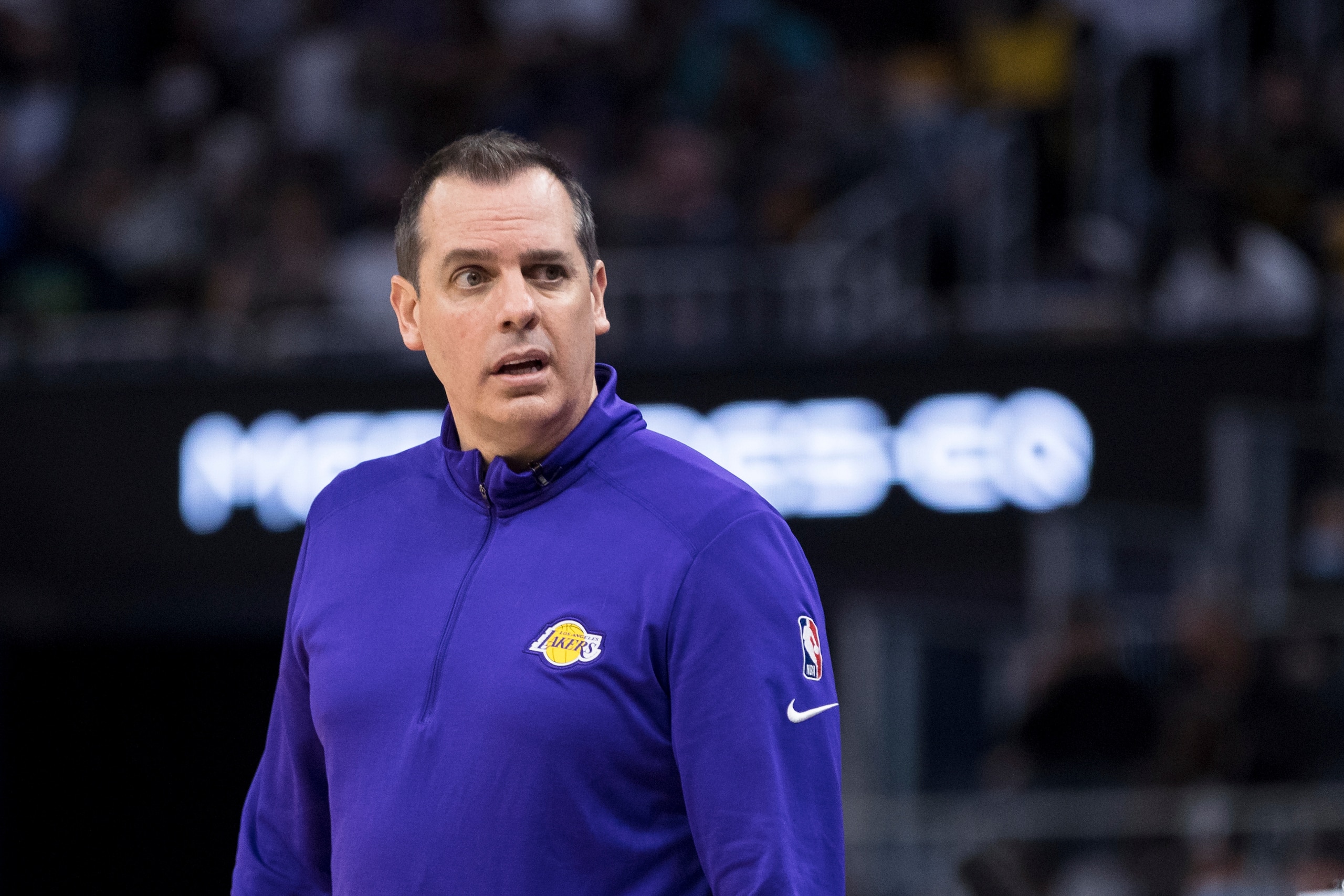Los Angeles Lakers head coach Frank Vogel reacts during the first half of an NBA basketball game against the Golden State Warriors in San Francisco, Saturday, Feb. 12, 2022. The Warriors won 117-115. (AP Photo/John Hefti)
