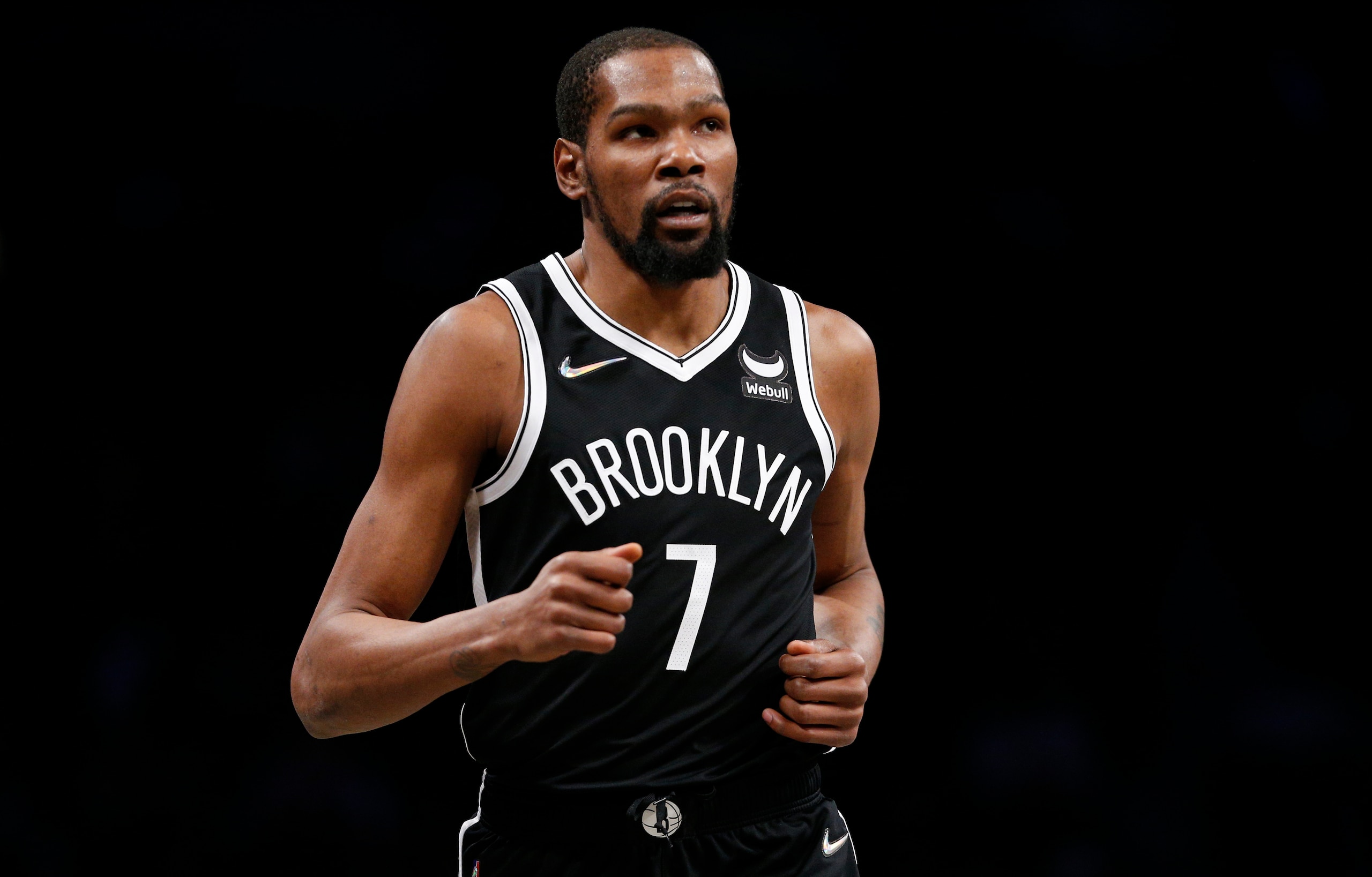 Brooklyn Nets forward Kevin Durant (7) against the New Orleans Pelicans during the first half of an NBA basketball game, Saturday, Jan. 15, 2022 in New York. (AP Photo/Noah K. Murray) Brooklyn Nets forward Kevin Durant (7) against the New Orleans Pelicans during the first half of an NBA basketball game, Saturday, Jan. 15, 2022 in New York. (AP Photo/Noah K. Murray)